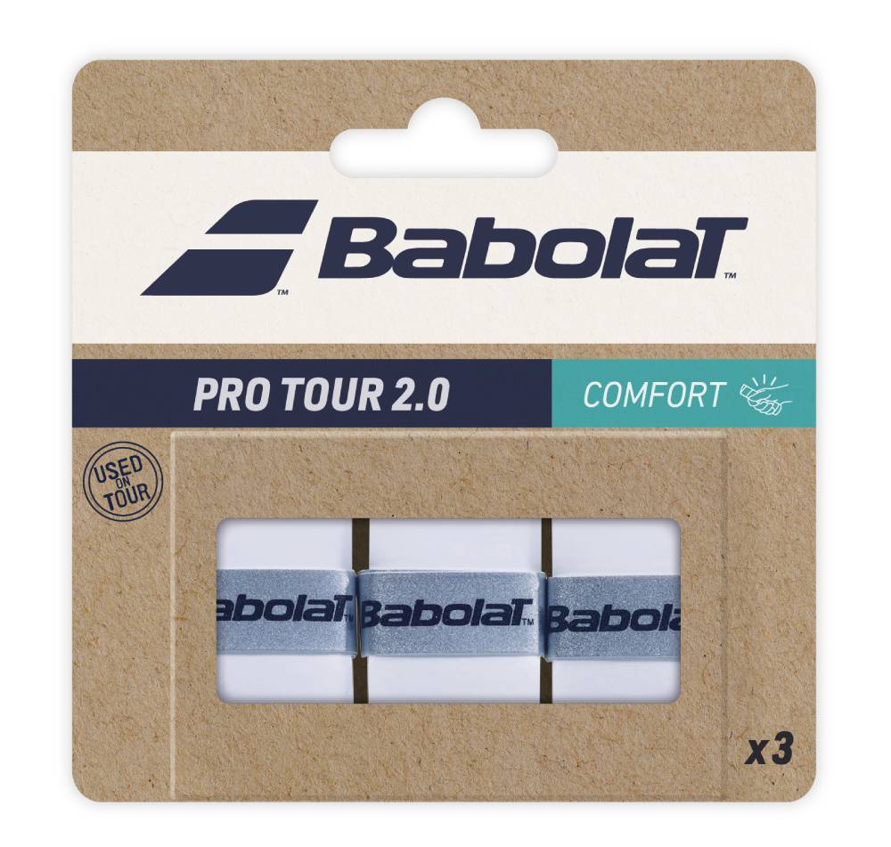 Babolat Pro Tour Overgrip 2.0 - 3 Pack (White) | Tennis Racket Grip Tape for Enhanced Comfort & Sweat Absorption | Perfect for Tennis, Badminton & Racquetball Players