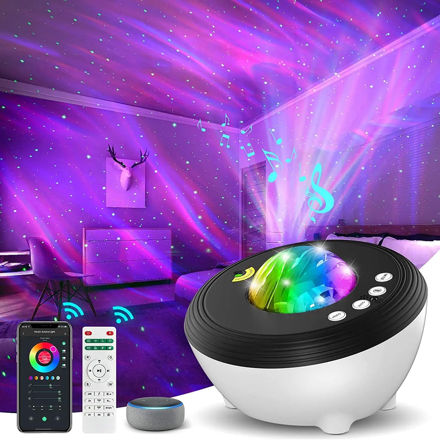 Northern Lights Galaxy Projector with Bluetooth Speaker, White Noise Machine, Timer & Remote - Starry Night Light for Bedroom, Kids & Adults - Works with Alexa & App Control - Perfect for Relaxation, Sleep Aid & Home Decor