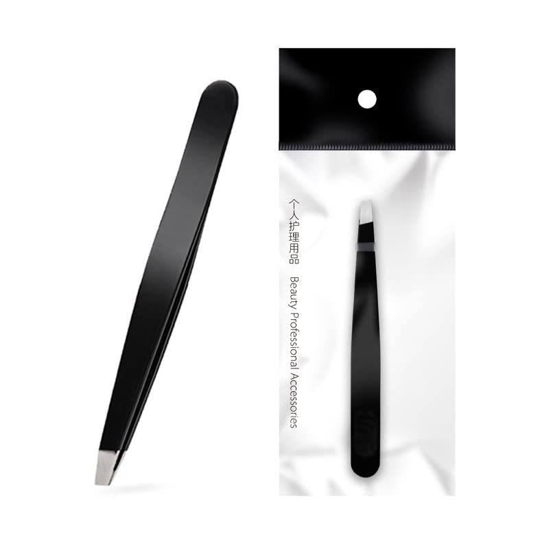 1PC Stainless Steel Slanted Eyebrow Tweezer - Precise Hair Removal Tool for Eyebrows & Facial Hair - Black Beauty Makeup Essential for Salon, Home & Travel Use