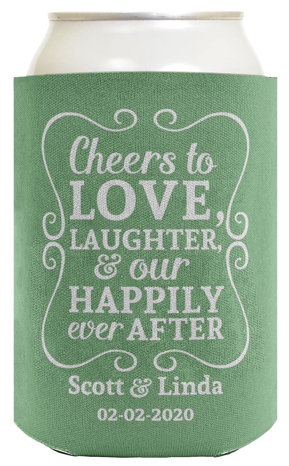 Cheers To Love Custom Names & Date 48-Pack Personalized Can Coolers - Sage Green Drink Sleeves for Beer, Soda & Cocktails - Perfect for Weddings, Parties & Outdoor Events