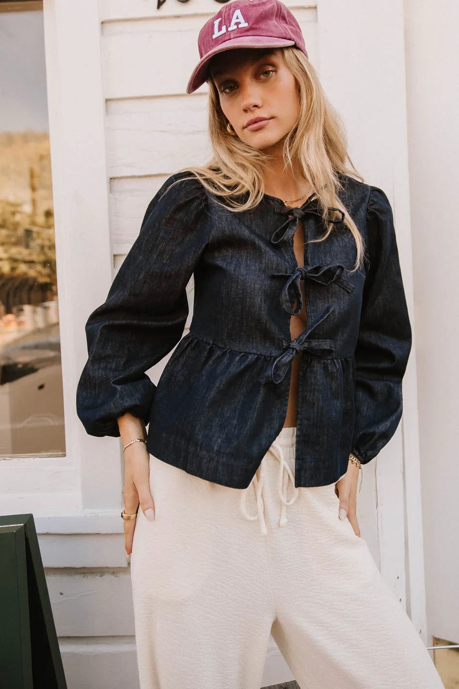 Stylish Maggie Peplum Tie Blouse - Dark Wash Women's Tops | Perfect for Office Wear, Date Nights & Casual Outfits | FINAL SALE