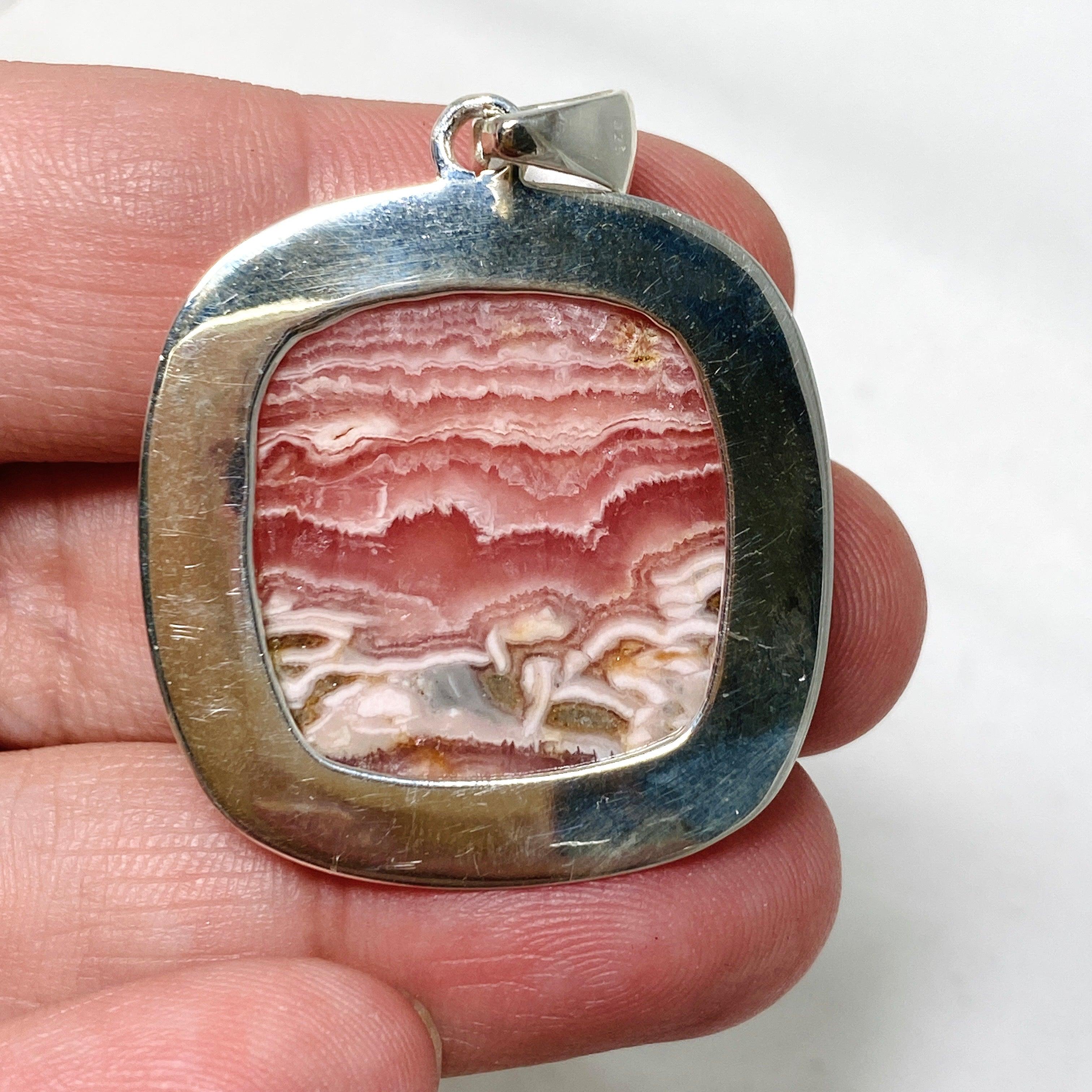 Rhodochrosite Square Pendant Necklace - Handcrafted Hammered Sterling Silver Jewelry KPGJ4322 | Perfect for Gifts, Weddings & Special Occasions