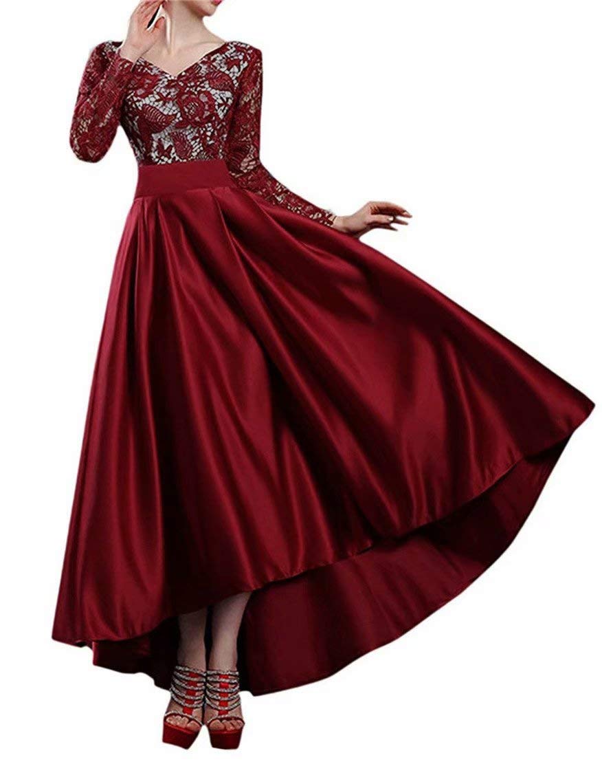Elegant Tea-Length Mother of the Bride Dresses for Women - Long Sleeve Formal Lace & Satin High-Low Prom Evening Gowns - Perfect for Weddings, Parties & Special Occasions