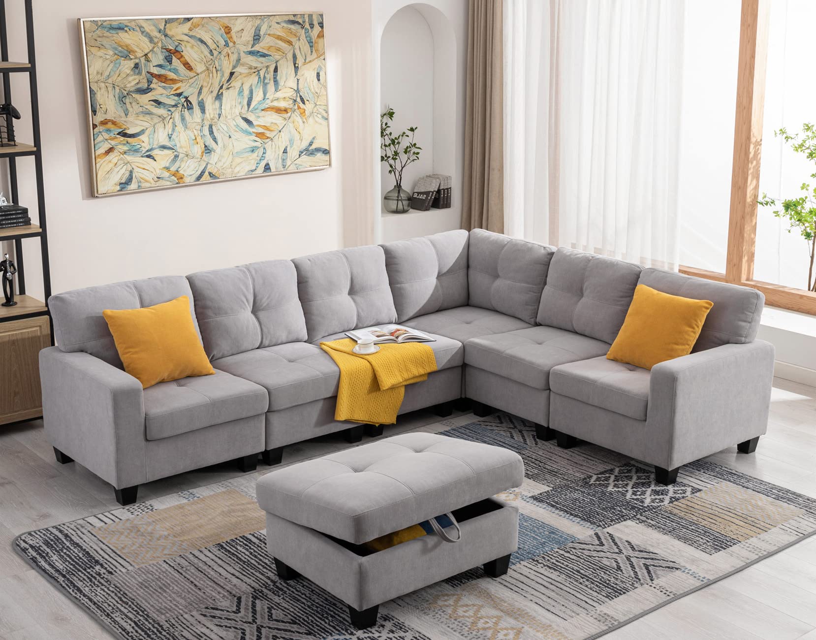 Sunflower Storage Ottoman Foot Stool - Grey Chaise Lounge Section with Hidden Storage for Living Room, Bedroom & Dorm | Perfect for Extra Seating, Footrest & Home Organization