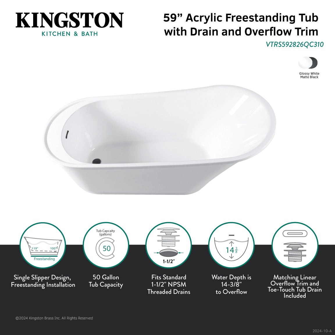 Aqua Eden 59-Inch Freestanding Acrylic Oval Bathtub - Glossy White & Matte Black Slipper Tub with Drain | Modern Soaking Tub for Spa-Like Relaxation in Master Bathroom