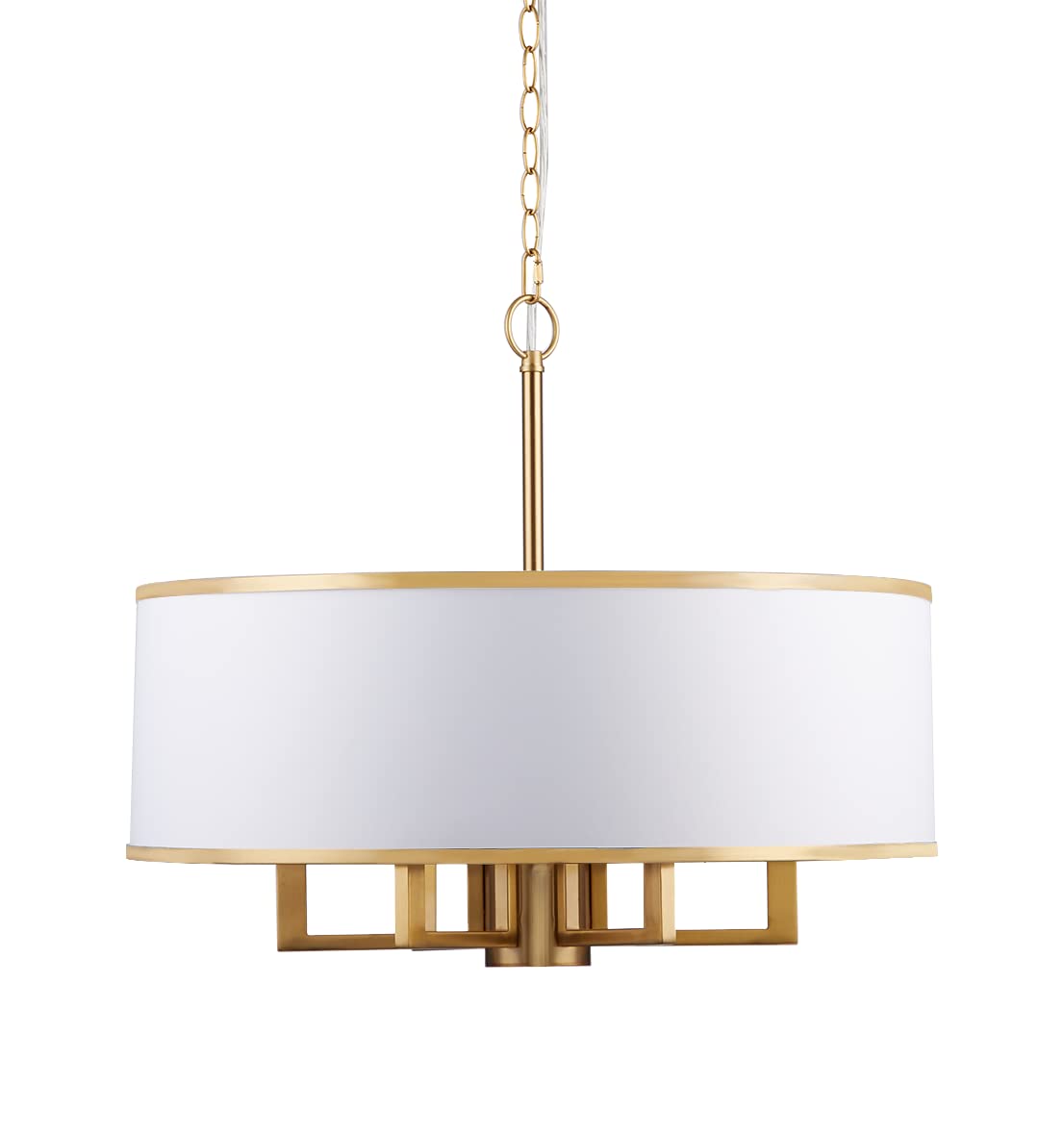 19 Inch 5-Light Adjustable Gold Drum Chandelier - Modern Brass Metal Ceiling Light with White Plastic Shades for Bedroom, Living Room, Dining Room - Perfect for Home Decor, Wedding, Restaurant Lighting