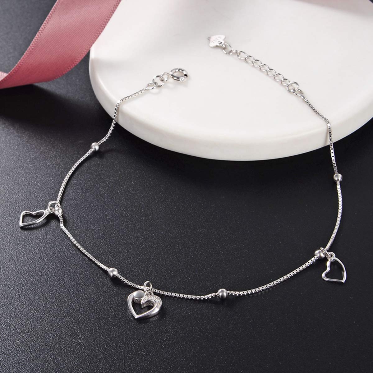 Cusstally 925 Sterling Silver Retro Anklet for Women - Heart Chain Ankle Bracelet Jewelry, Fashion Accessories & Birthday Gifts for Her | Perfect for Students, Daily Wear & Special Occasions
