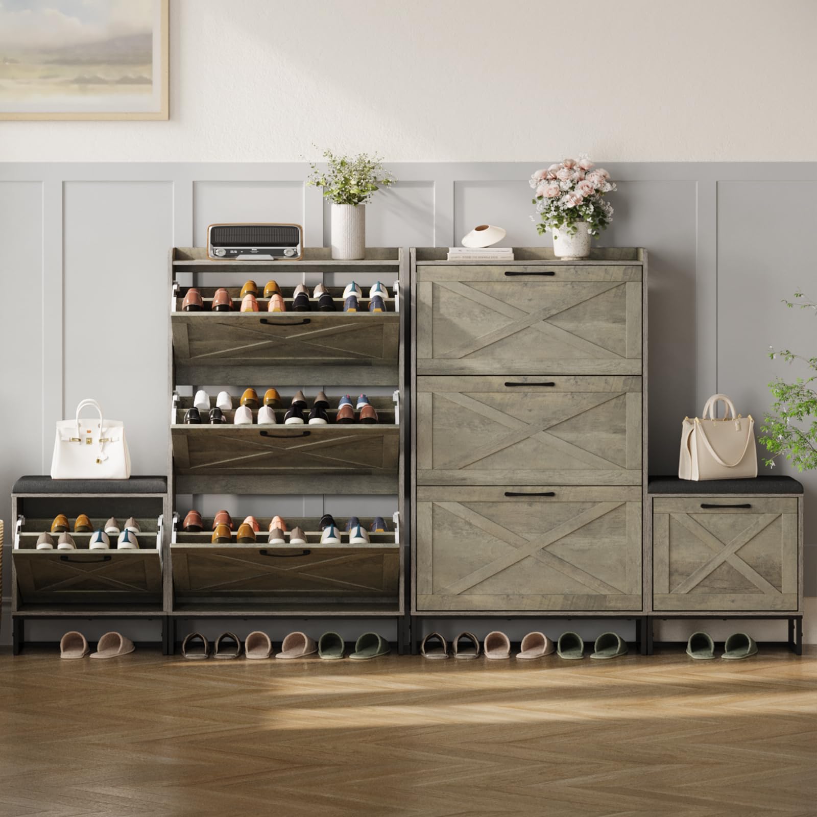 Maupvit 4-Tier Flip Drawer Shoe Storage Cabinet - Holds 28 Pairs, Entryway Shoe Bench & Hidden Organizer for Living Room, Hallway - Space-Saving Grey Shoe Rack (Perfect for Small Apartments & Cluttered Entryways)