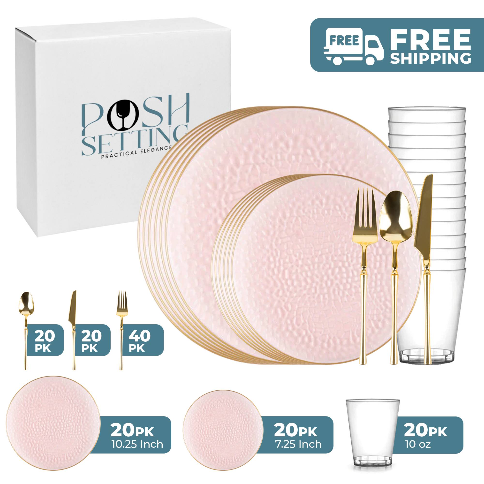 Pink and Gold Plastic Party Bundle - Organic Hammered Disposable Tableware Set for Birthday, Wedding, Baby Shower & Holiday Celebrations