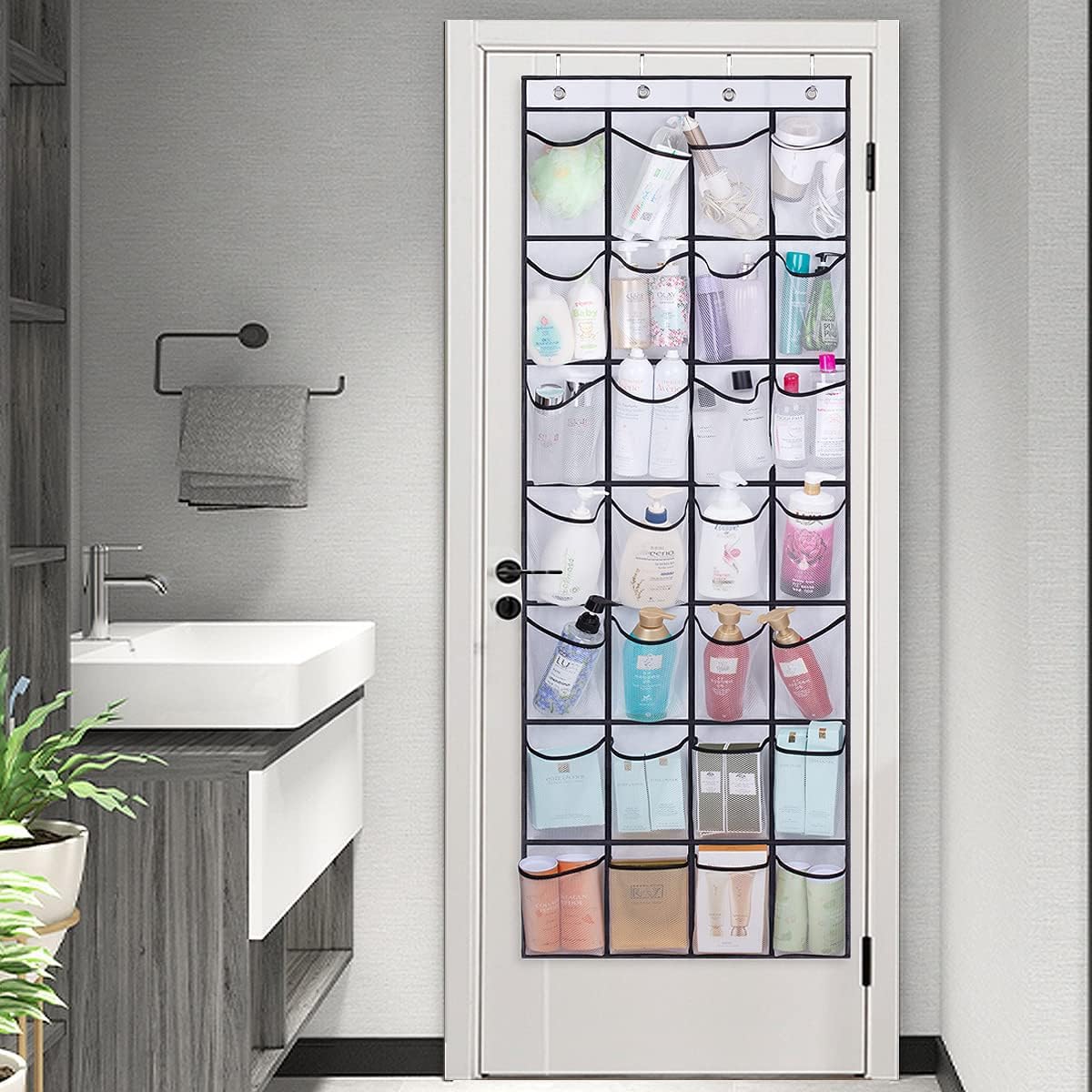 MISSLO 28 Large Pockets Over The Door Shoe Organizer - Hanging Mesh Shoe Rack for Closet Door Storage, Space Saving Shoe Holder (White) - Perfect for Bedrooms, Dorm Rooms & Entryway Organization