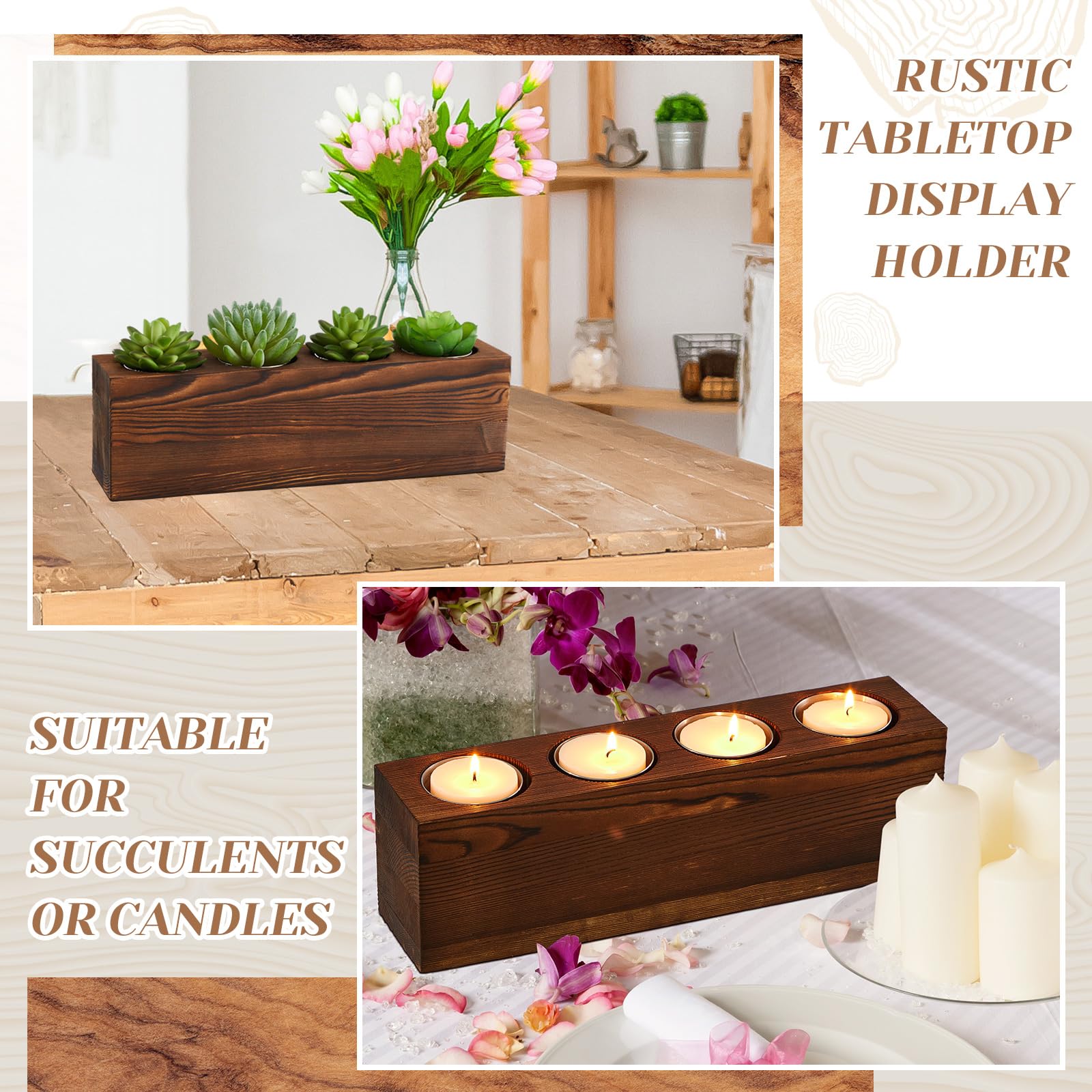 Rustic Farmhouse Wooden Christmas Candle Holder with 4 Stainless Steel Candle Molds - Perfect for Holiday Tables, Centerpieces, and Succulent Planters | Great for Christmas Decor, Weddings & Farmhouse Style Homes