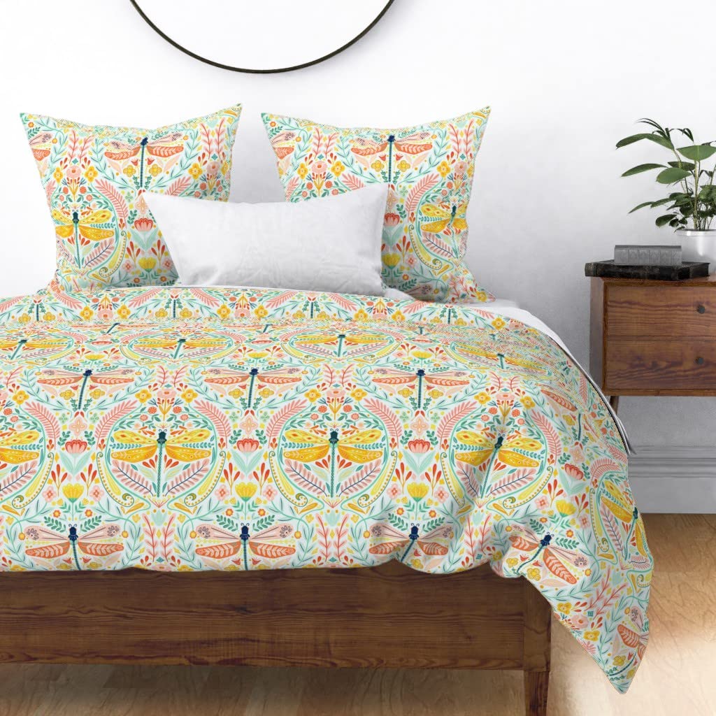 Folk Art Floral Cotton Sateen Duvet Cover King/California King - Mint Peach Mustard Dragonfly Blush Print Custom Bedding | Soft Luxury Bedding for Master Bedroom, Guest Room & Nursery Decor