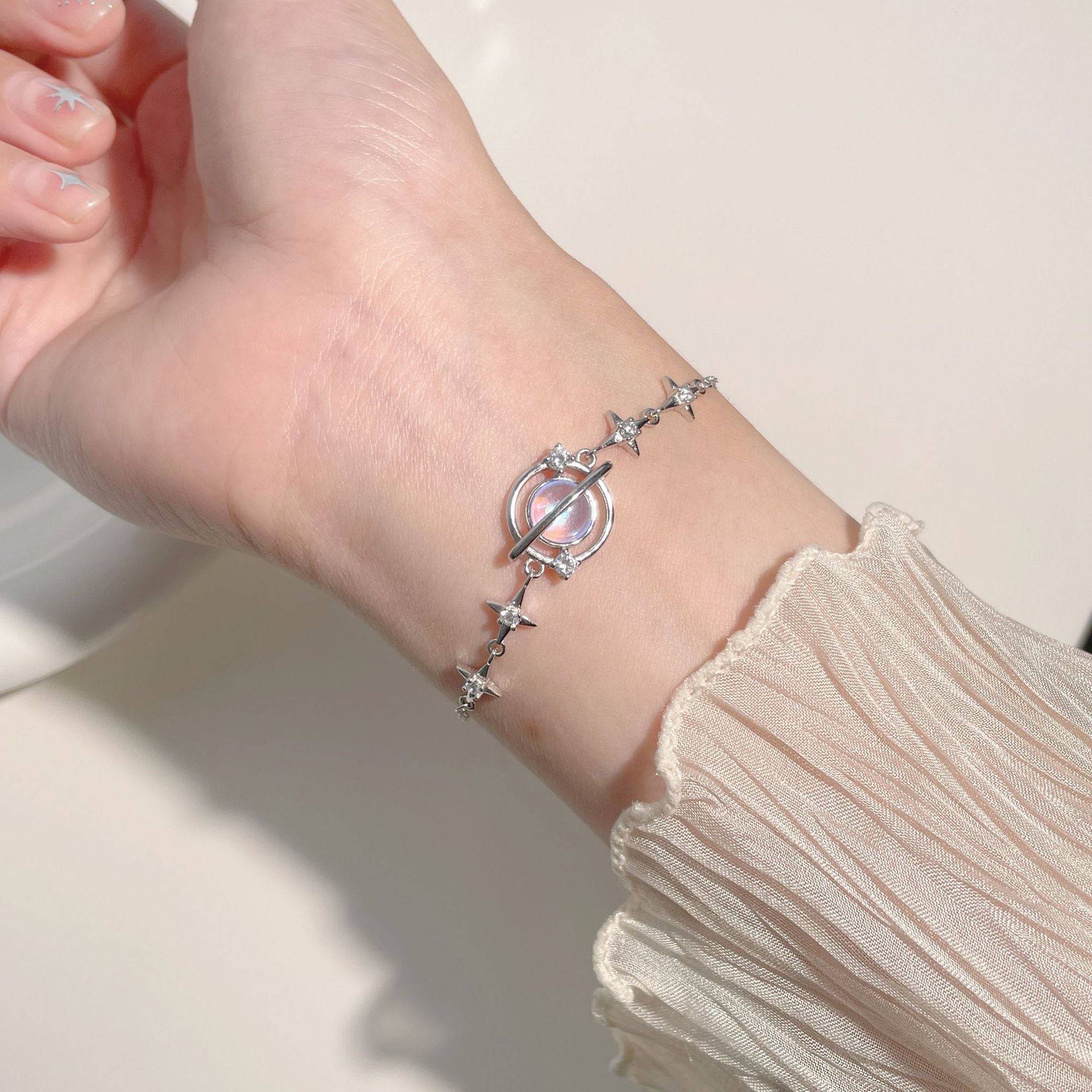 HB871 Sterling Silver Celestial Star Charm Bracelet for Women - Dainty Zodiac Jewelry Gift for Birthday, Anniversary & Everyday Wear