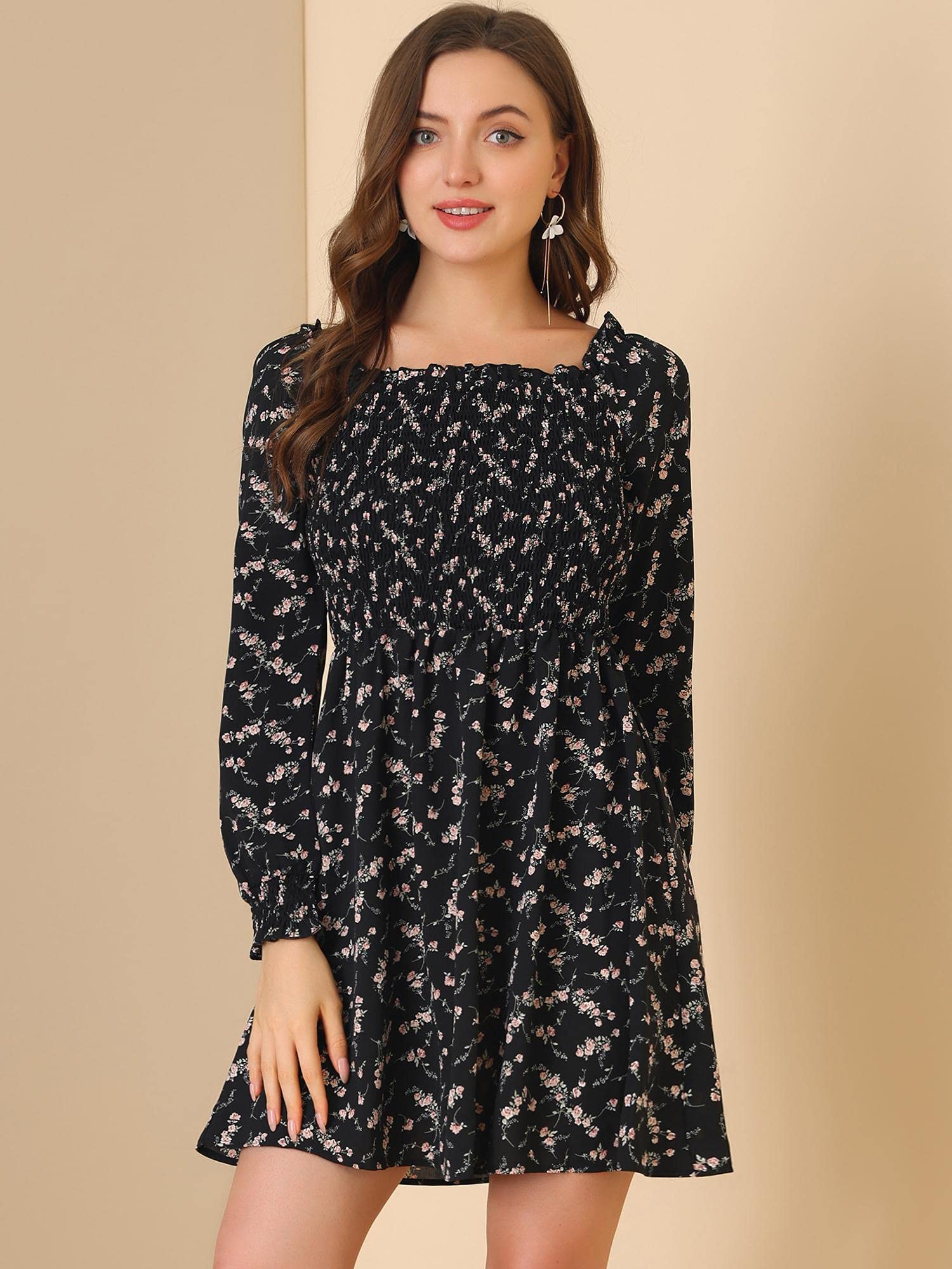 Allegra K Women's Floral Smocked Mini Dress with Square Neck & Long Sleeves - Perfect for Valentine's Day, Date Night & Spring Weddings