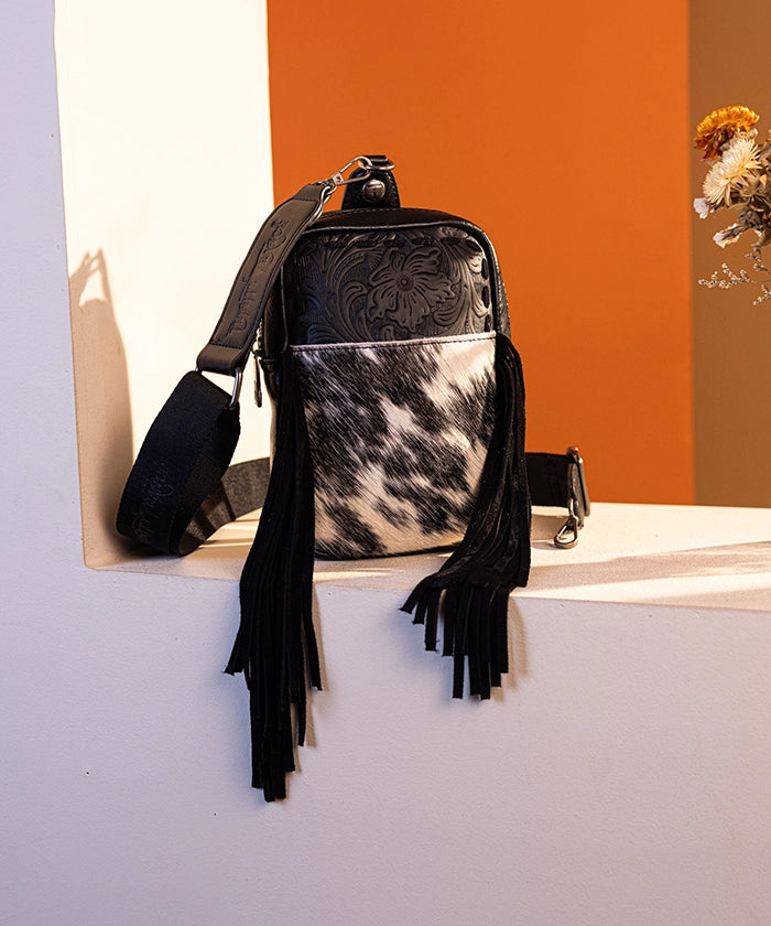Genuine Hair-On Cowhide Fringe Sling Bag - Hand-Tooled Leather Crossbody Purse for Women | Western Boho Fashion Accessory | Perfect for Concerts, Festivals & Everyday Use
