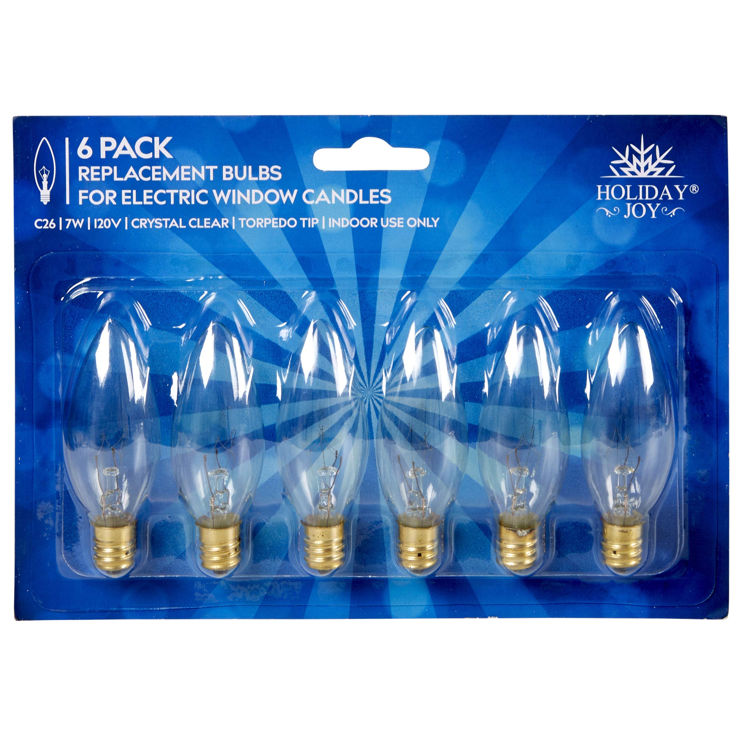 Crystal Clear Torpedo Tip Candelabra Bulbs 7W 120V E12 Base (6 Pack) - Perfect for Electric Window Candle Lamps, Holiday Decorations & Chandeliers - Energy Efficient Replacement Bulbs for Festive Lighting