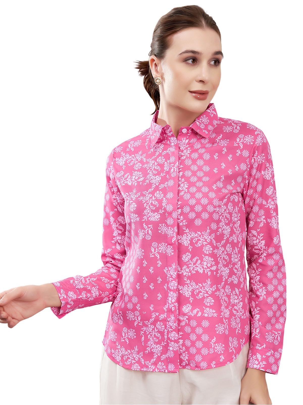 Selvia Women's Floral Print Casual Shirt - Soft Cotton Blend Cuff Sleeve Top for Everyday Wear | Perfect for Office, Dating & Weekend Outfits