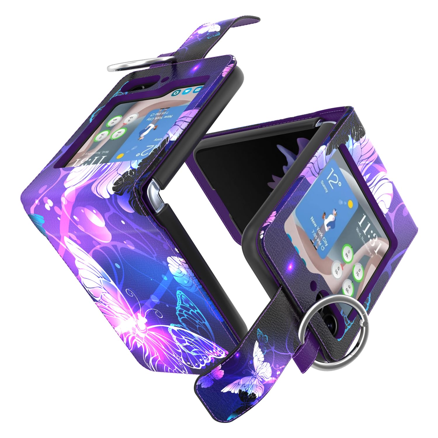 Samsung Galaxy Z Flip 5 Case with Ring Holder - PU Leather Wallet Flip Cover with Card Slots & Butterfly Design | Perfect for Daily Use, Travel & Hands-Free Protection