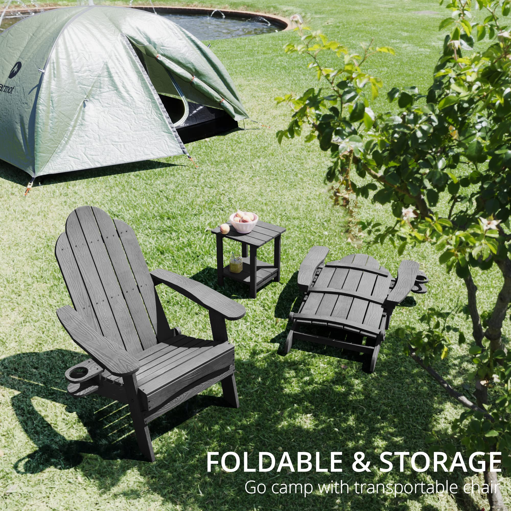 LUE BONA 2-Pack Folding Adirondack Chairs - Dark Gray Weather-Resistant HDPE Outdoor Patio Chairs with Cup Holders | Perfect for Backyard, Garden, Deck, Poolside & Fire Pit Relaxation
