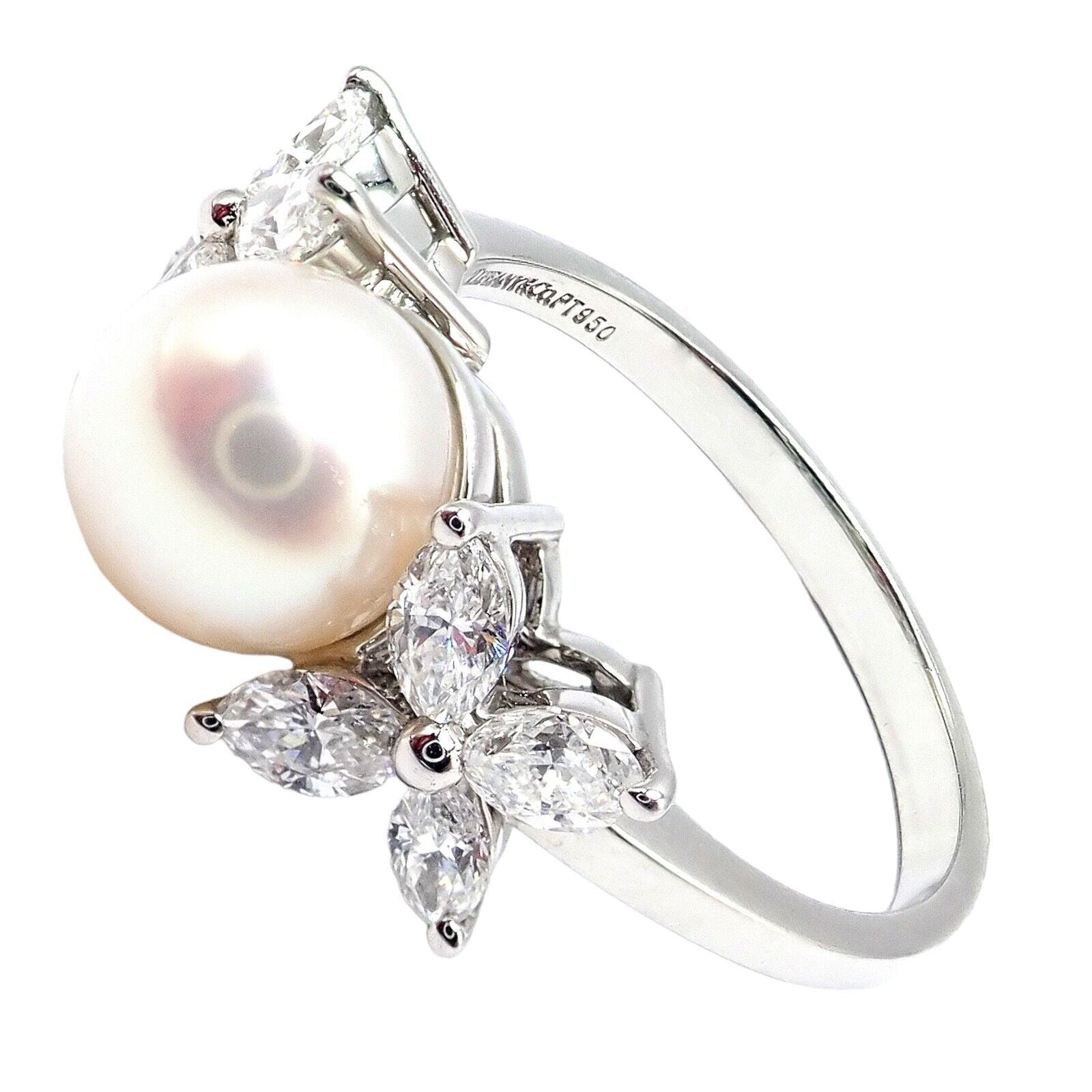 Authentic Tiffany & Co Victoria Platinum Diamond 7.5mm Pearl Band Ring for Women - Elegant Wedding, Engagement & Anniversary Jewelry Gift