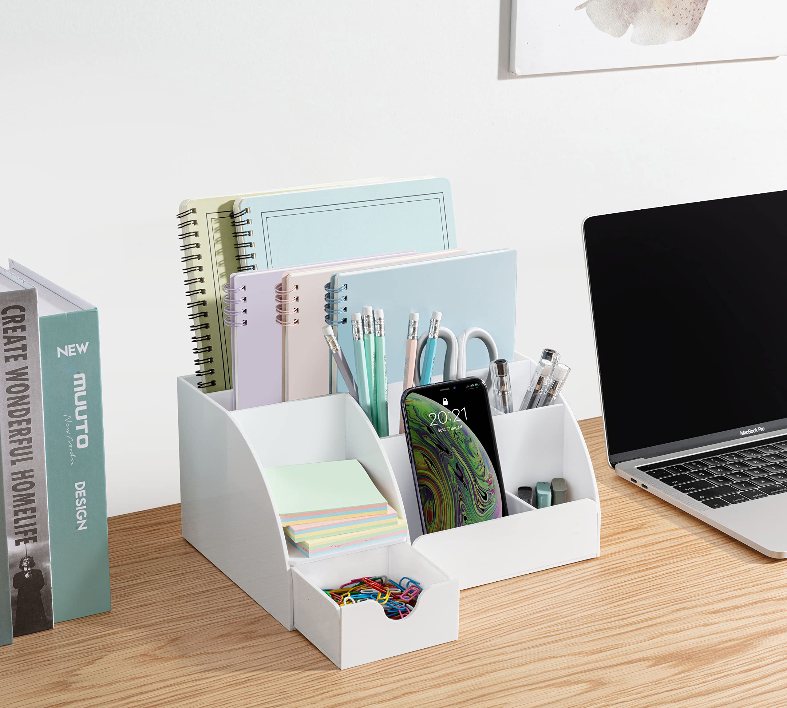 White Desk Organizer with 9 Compartments - Office Supplies & Desk Accessories Organizer, Pen Holder & Desktop Decor - Perfect for Home Office, Study Room & Workspace (White)