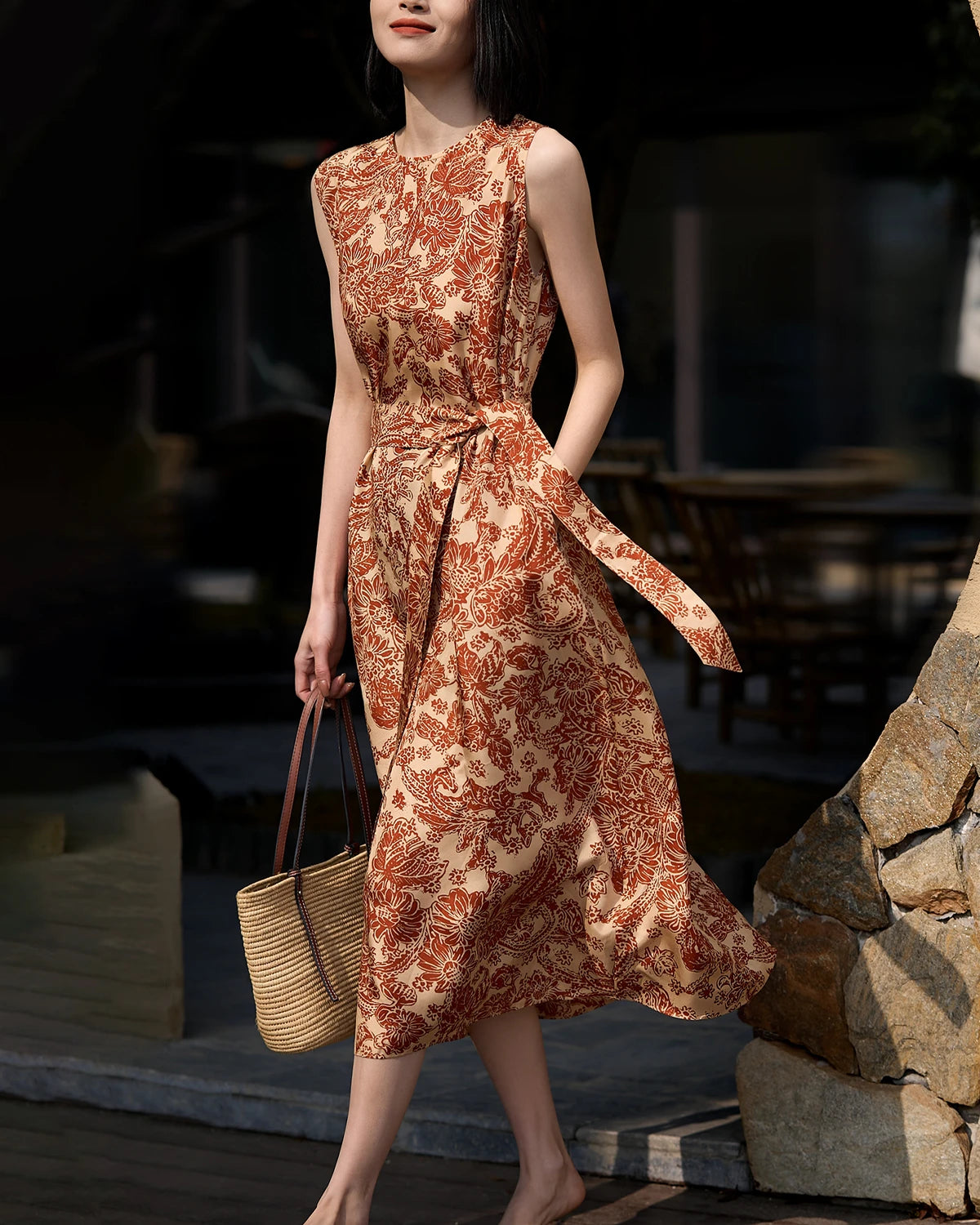 Elegant Terracotta Paisley Print Silk Dress for Women | Boho Chic Summer Maxi Dress | Perfect for Beach Vacations, Date Nights & Special Occasions