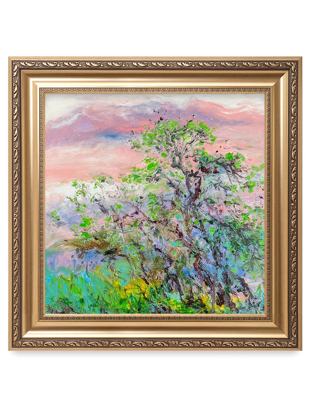 DECORARTS - David Ma's 'Warm Breeze Over the Forest' Abstract Landscape Wall Art | 26x26 Inch Ready-to-Hang Giclee Print in Golden Frame | Perfect for Living Room, Bedroom & Office Decor