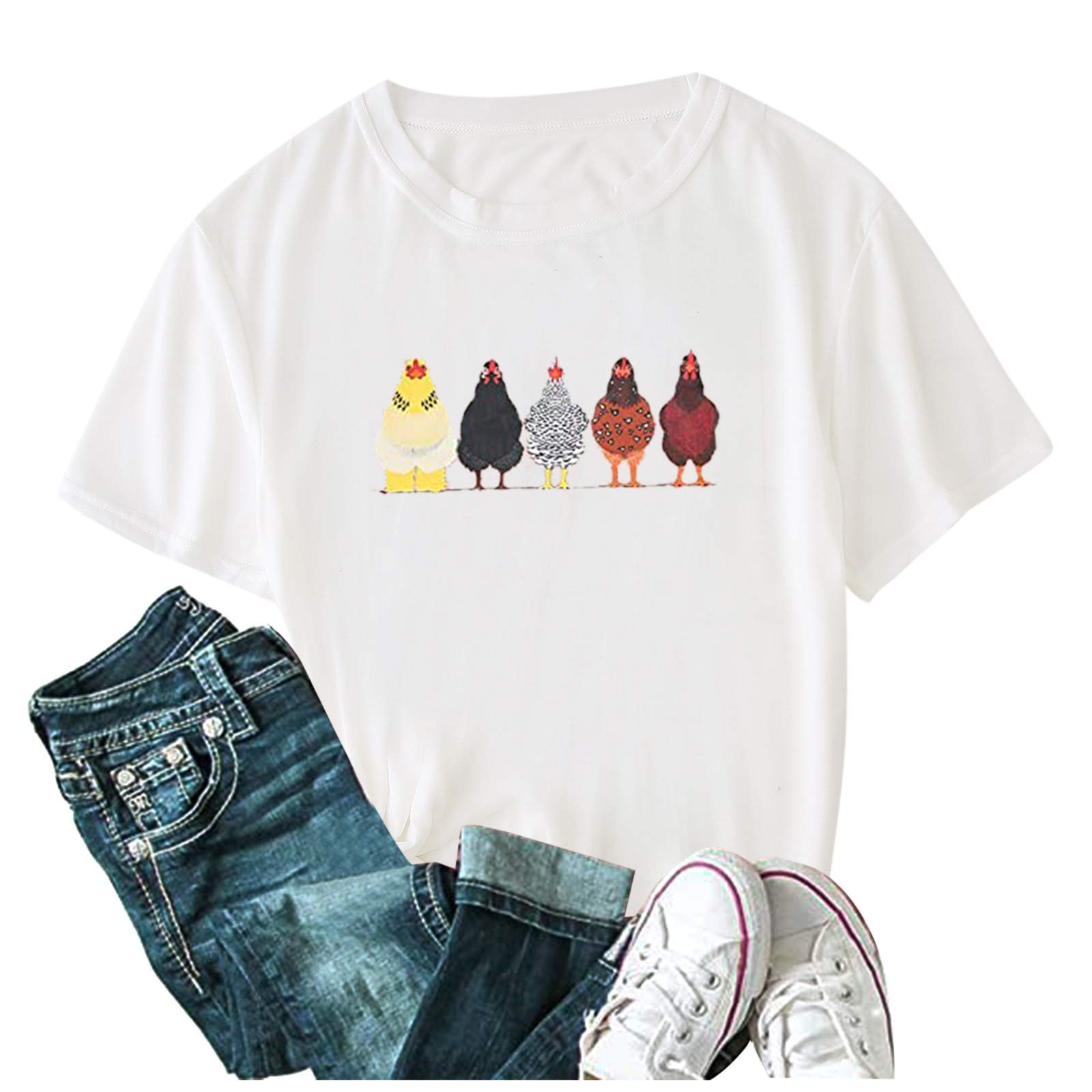 Women's Round Neck Loose Fit Short Sleeve Printed Casual T-Shirt - Comfortable Blouse for Exercise, Yoga, and Everyday Wear