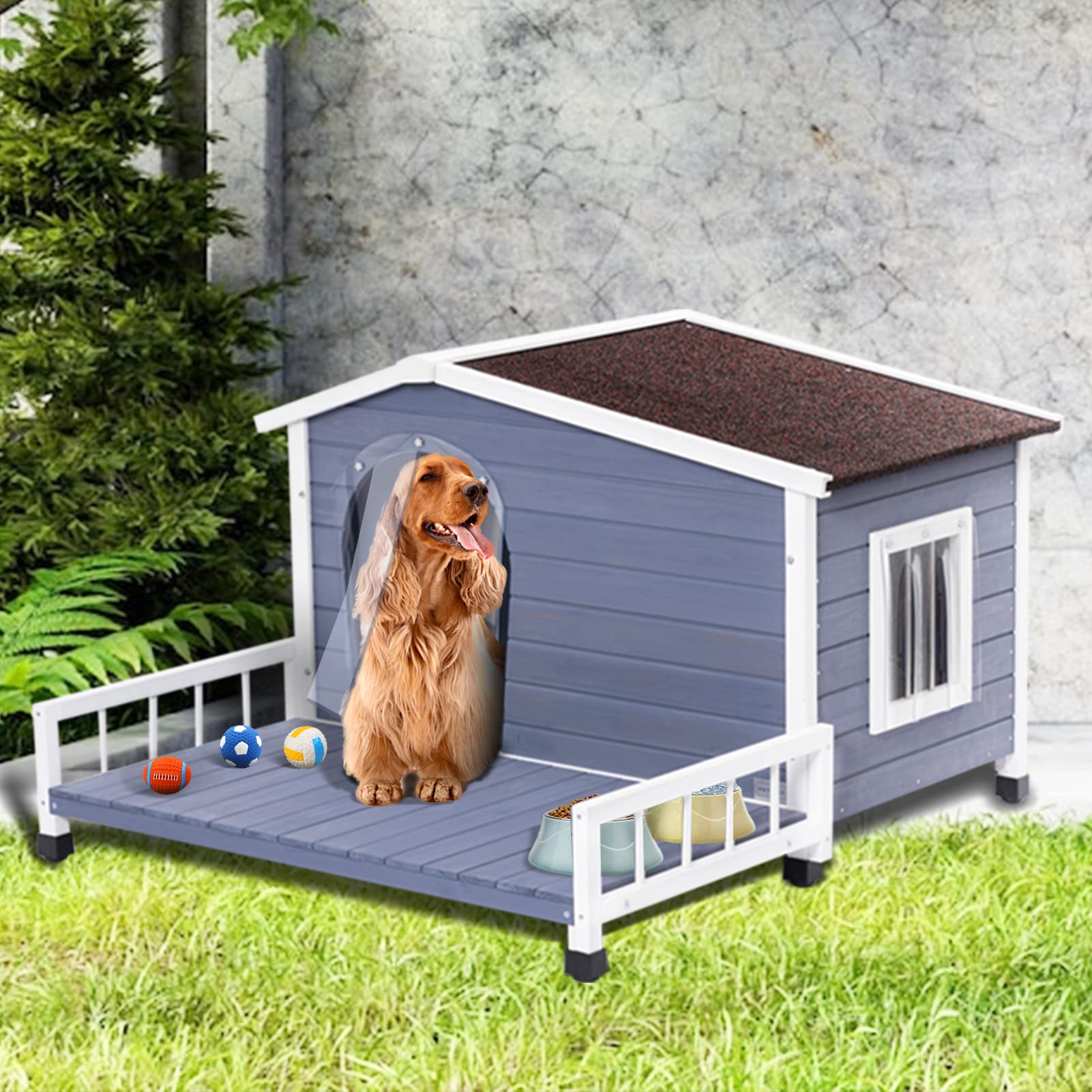 Petsfit Outdoor Dog House with Terrace & Removable Asphalt Roof - 40