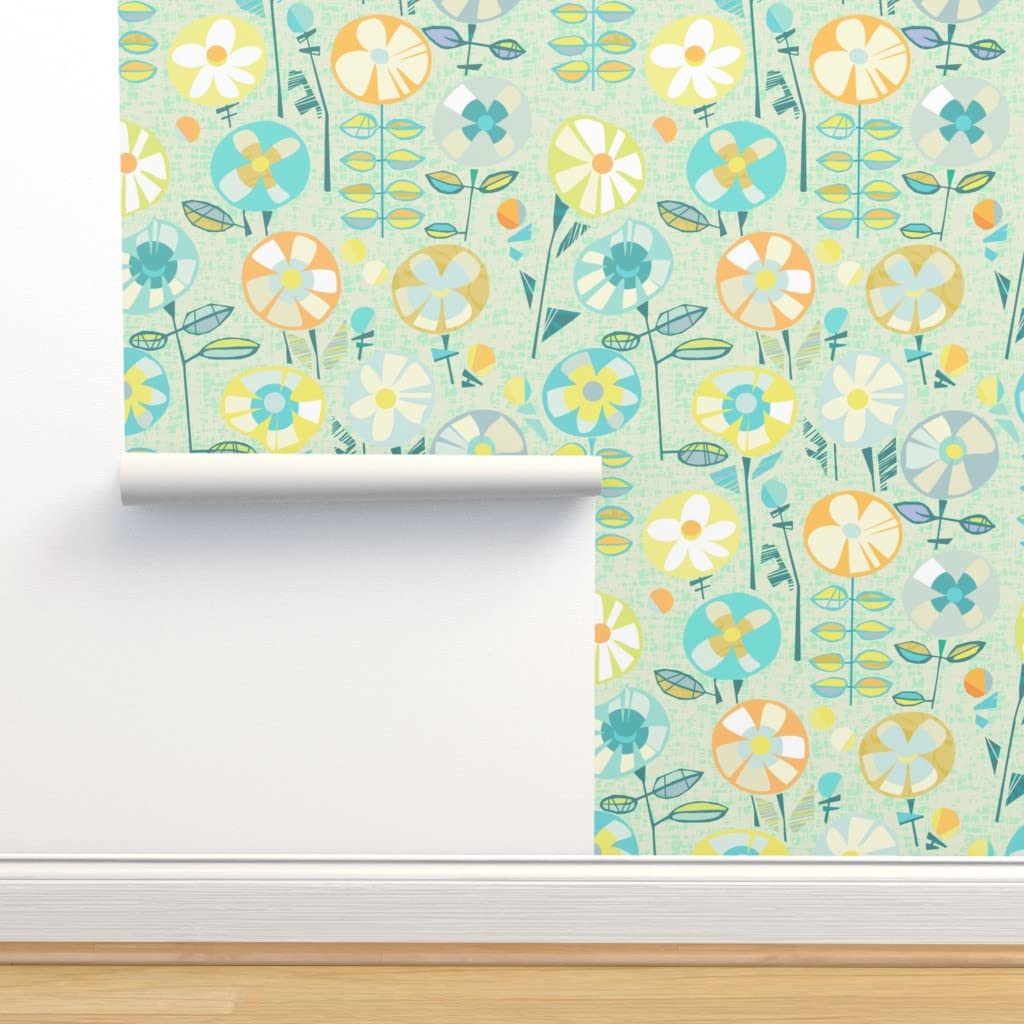 Peel & Stick Wallpaper 9ft x 2ft - Modern Floral Orange Flower Garden Mint Leaves Design, Spring Easter Pastel Custom Removable Wallpaper for Bedroom, Nursery, Living Room Decor