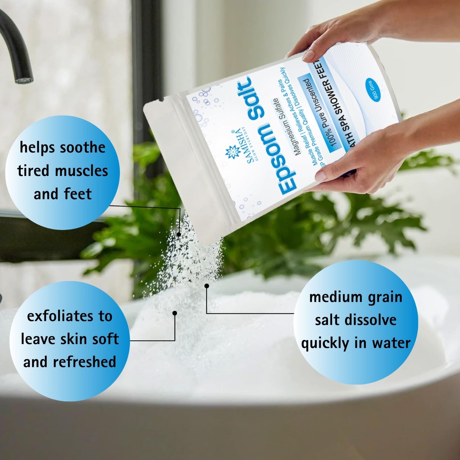 SAMISHA Epsom Salt for Pain Relief & Muscle Relaxation - Magnesium Sulfate Bath & Foot Soak - Unscented Bathing Salt for Relaxing Showers, Spa, and Post-Workout Recovery (Pack of 1)