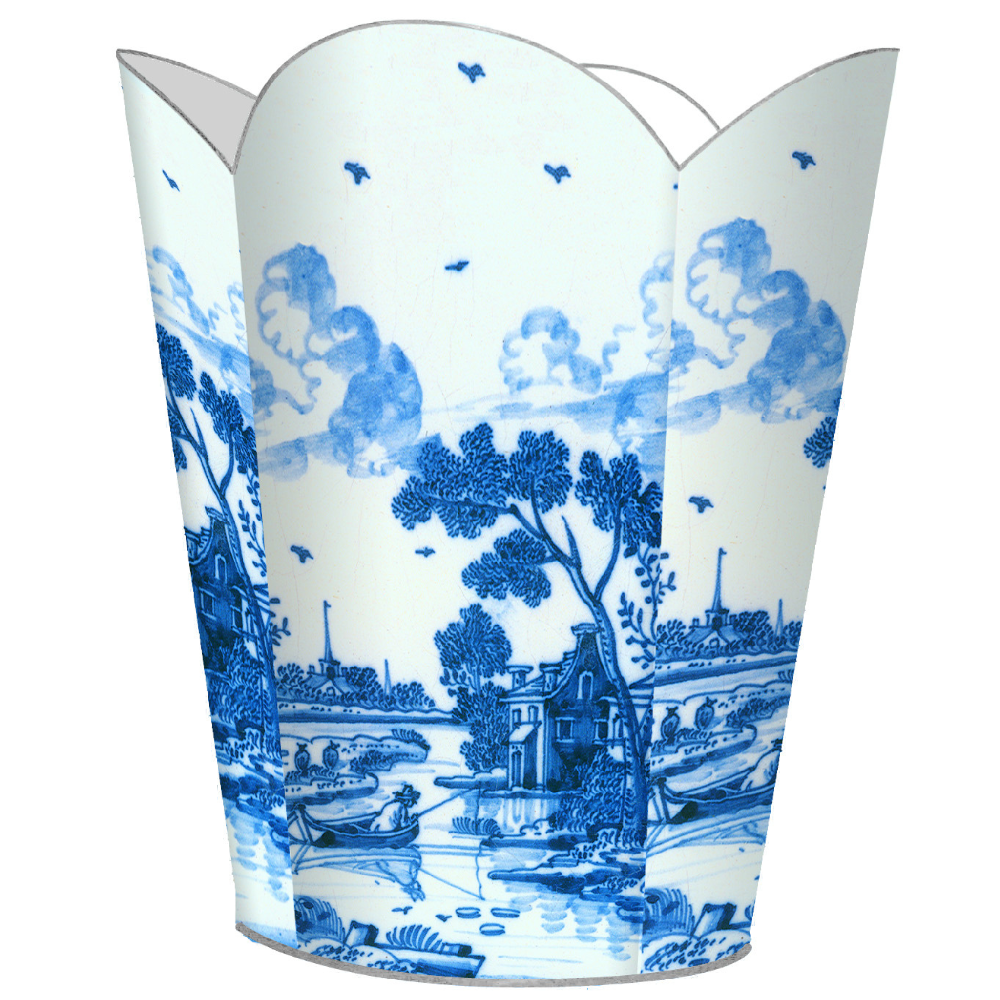 Delft Blue Landscape Decoupage Waste Bin with Optional Tissue Box Cover - Elegant Trash Can for Bathroom, Bedroom, or Office Decor
