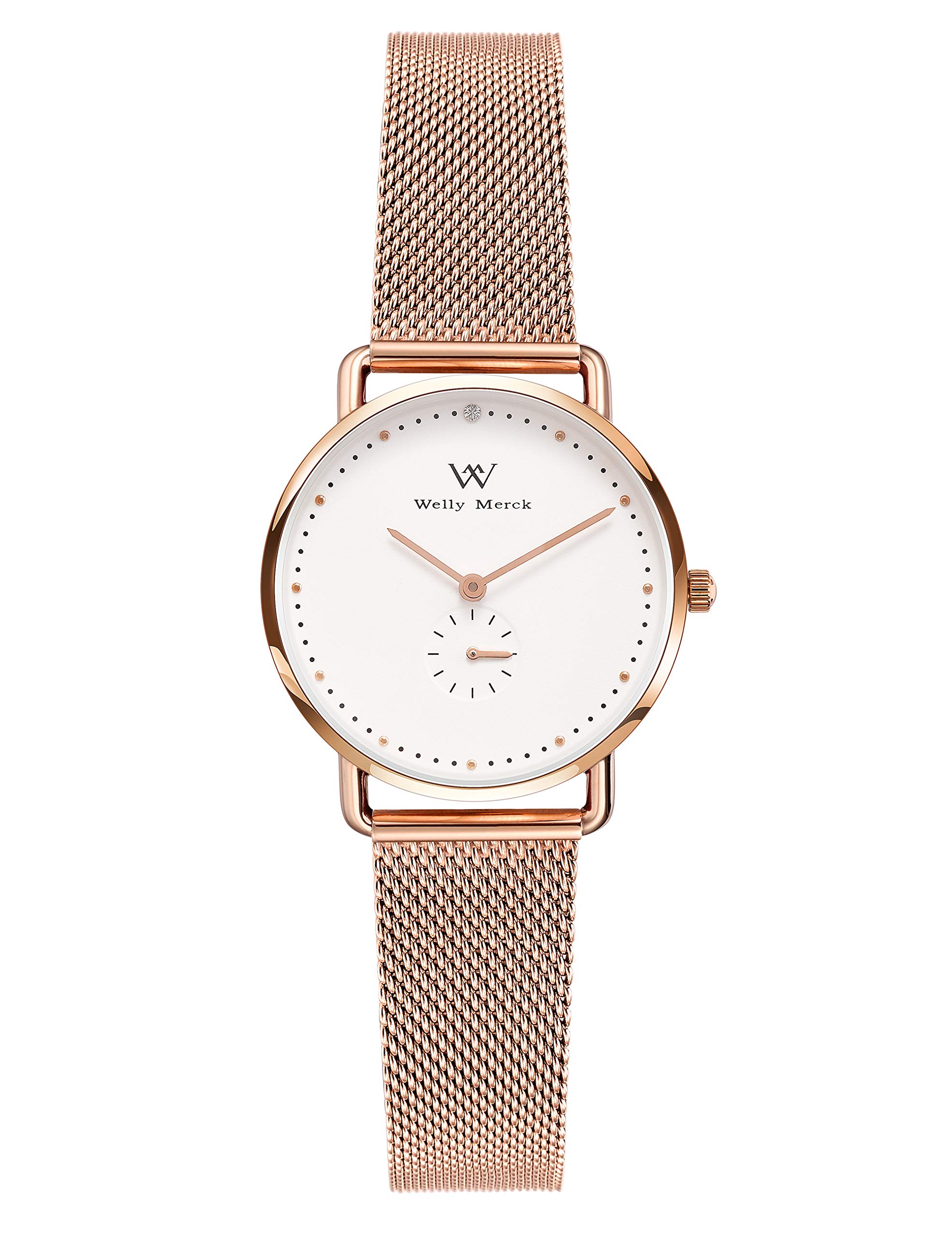 WM WELLY MERCK Women's Stainless Steel Watch - Water Resistant Swiss Quartz Movement, Luxury Minimalist Design with 34MM Ultra Thin Case, Domed Glass & Leather/Mesh Band - Perfect for Office, Formal Events & Everyday Wear