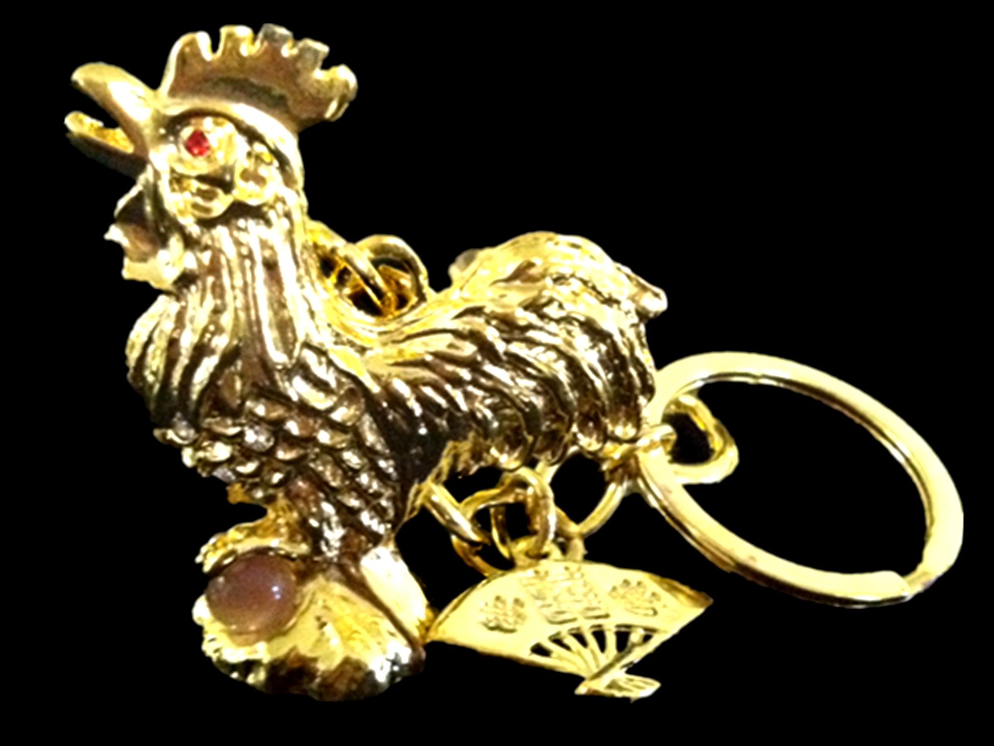Feng Shui Rooster with Fan Amulet Keychain - Lucky Charm for Home, Office & Travel - Brings Good Fortune & Positive Energy