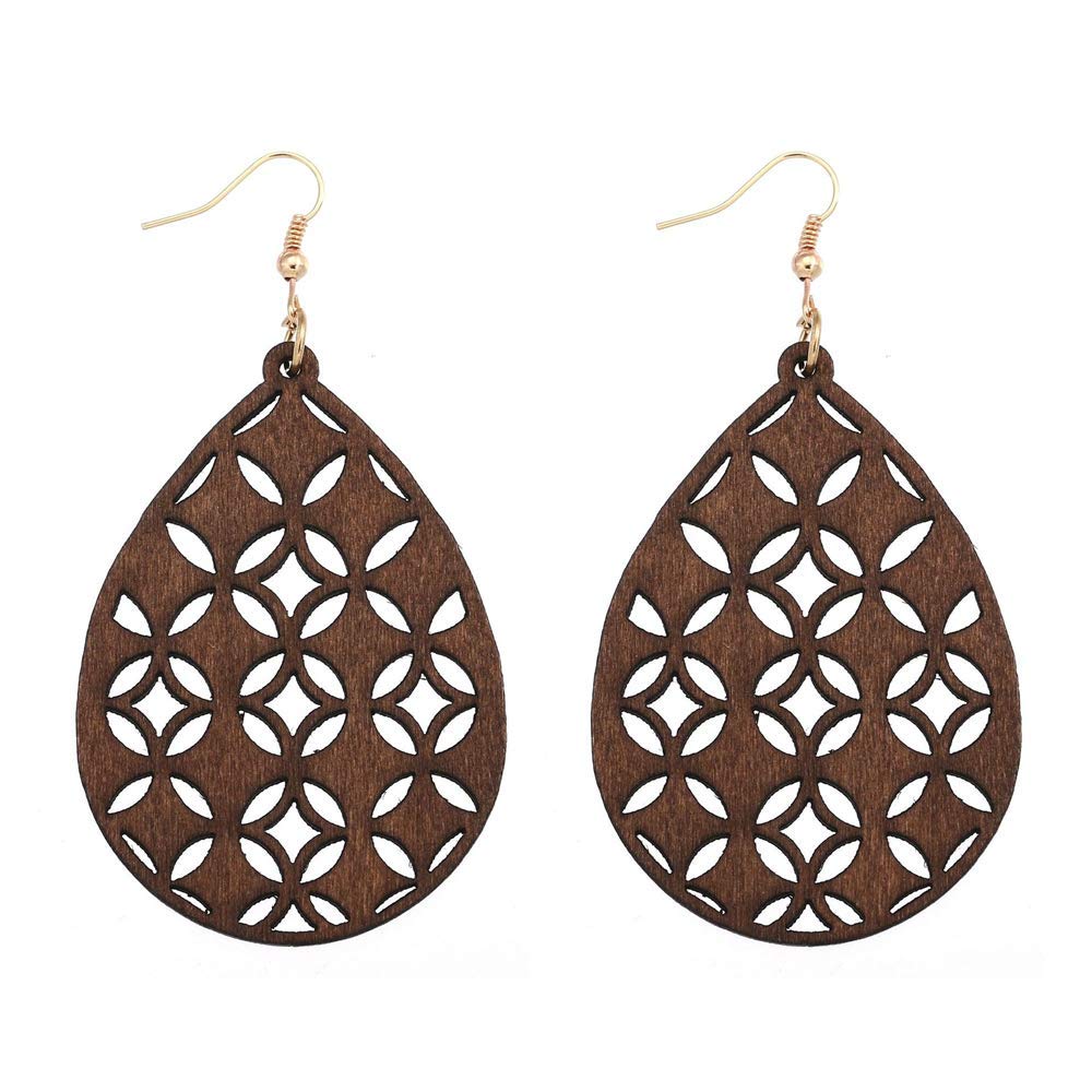 Bohemian Wooden Hollow African Earrings for Women – Lightweight Natural Wood Teardrop Dangle Hook Earrings | Fashion Jewelry for Girls & Women | Perfect for Festivals, Parties & Boho Outfits