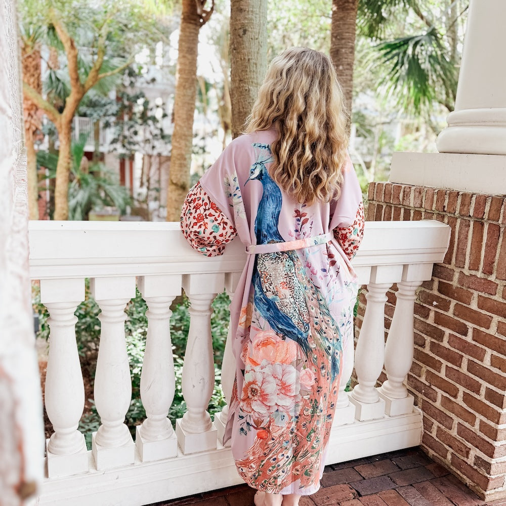 Elegant Peacock Print Summer Kimono - Lightweight Floral Robe for Women - Perfect for Beach Cover-Up, Loungewear & Boho Outfits