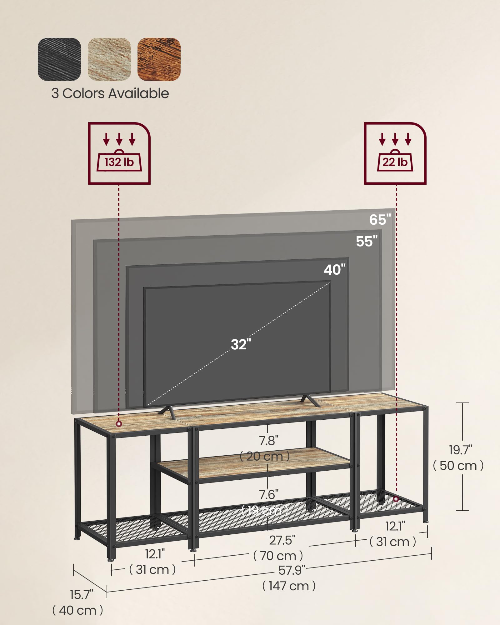 VASAGLE 65 Inch Modern TV Stand with 3-Tier Open Shelves, Industrial Style Entertainment Center TV Console Table - Turquoise Brown & Black ULTV097B60 for Living Room, Bedroom, Home Theater & Gaming Setup