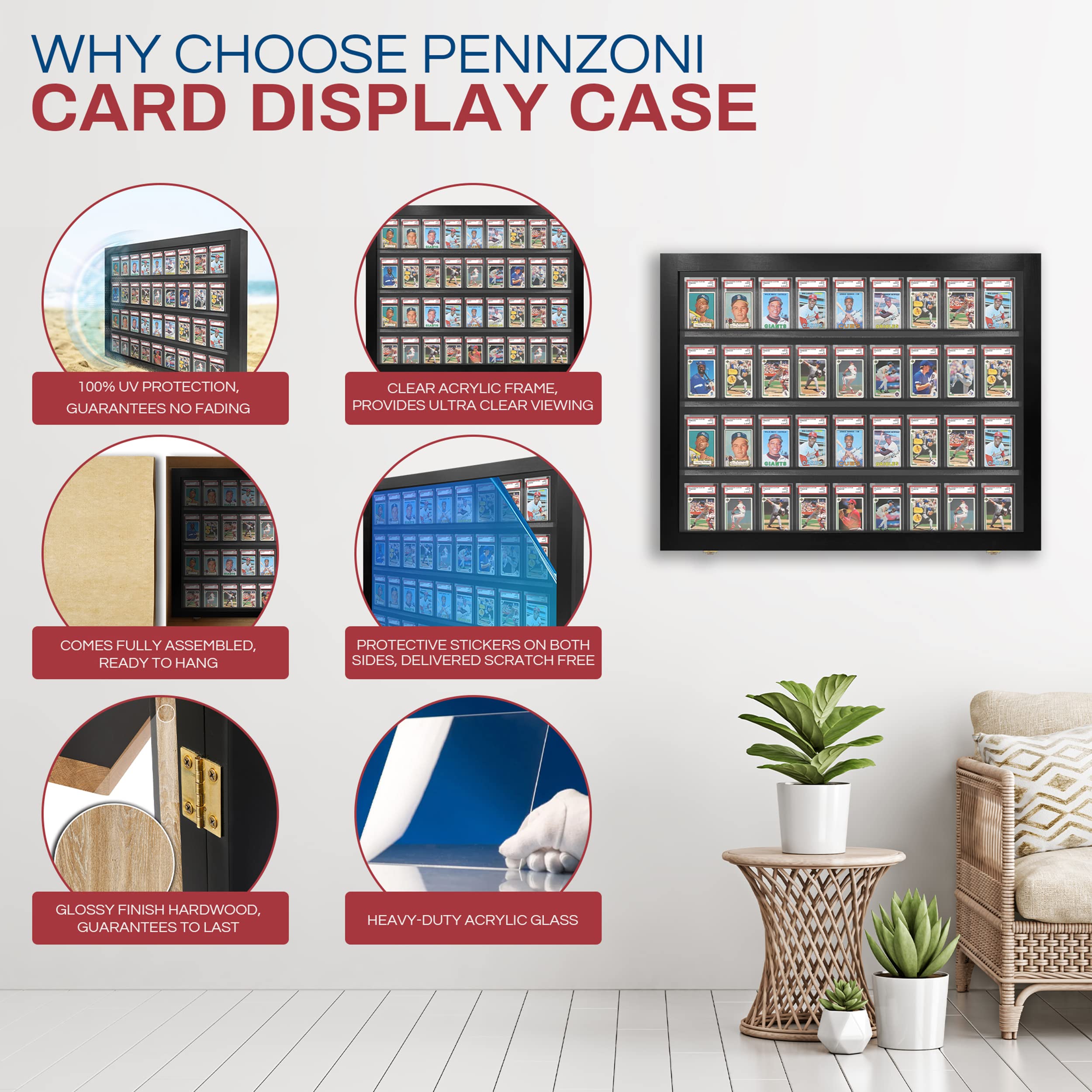 Baseball Card Display Case - 36 Graded Sports Card Frame with Lock & UV Protection | PSA Certified Case for Pokemon, Football & Basketball Cards | Perfect for Collectors & Home Decor