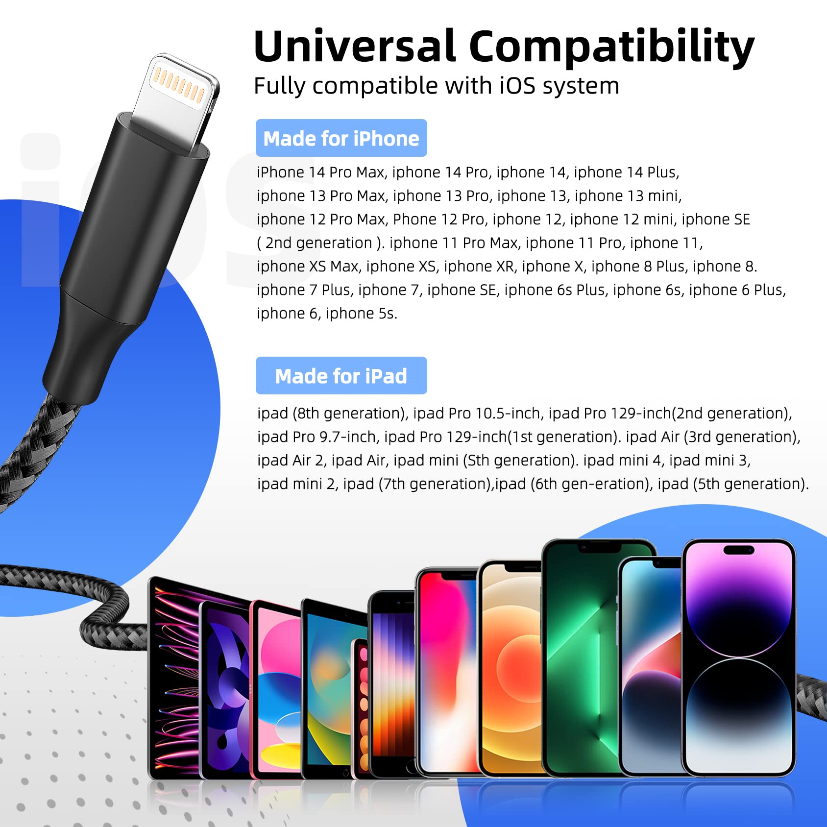 3 Pack 6ft MFi Certified Lightning Cable - Fast Charging Nylon Braided iPhone Charger Cord for iPhone 14/13/12/11 Pro Max/XS/XR/X/8/7/6 Plus - Durable & Tangle-Free for Home, Office & Travel Use