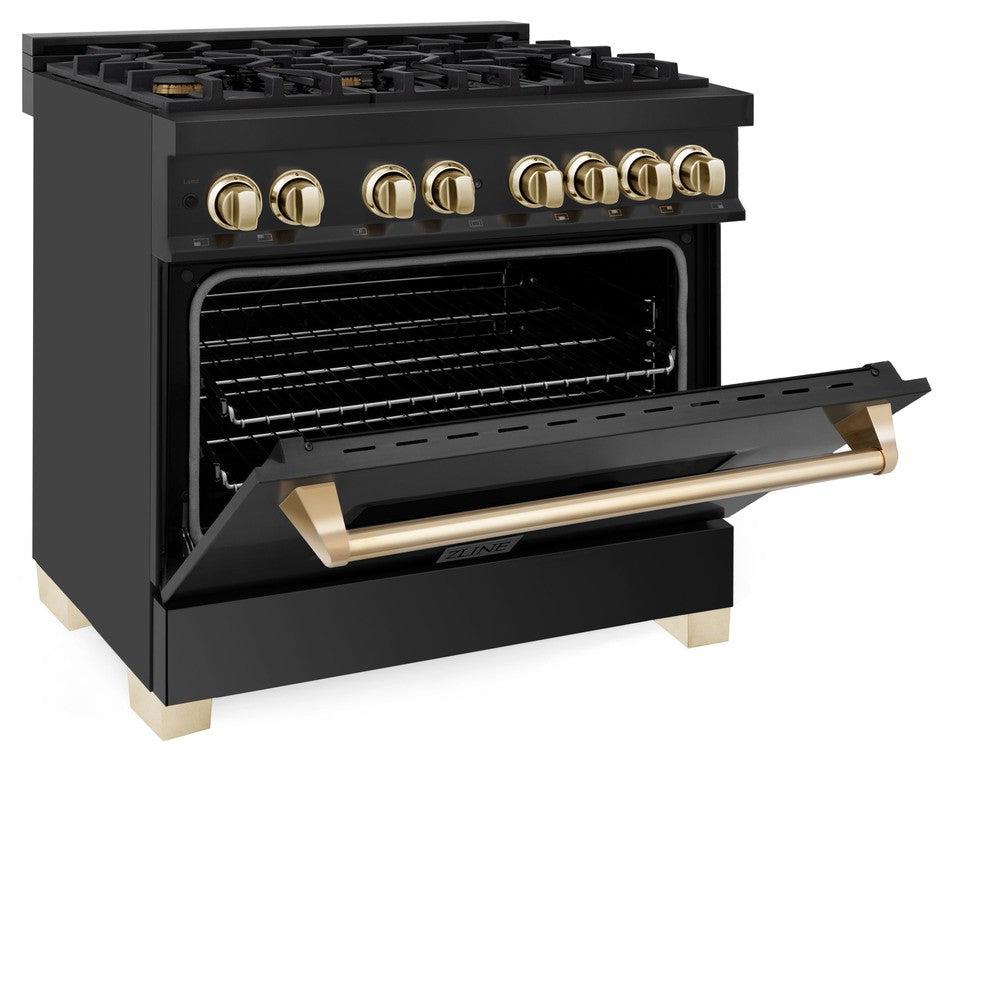 ZLINE RABZ 36 G 36-Inch Dual Fuel Range - 4.6 cu. ft. Black Stainless Steel with Gold Accents - 6 Burner Gas Cooktop & Electric Convection Oven - Professional Kitchen Appliance for Home Chefs & Cooking Enthusiasts