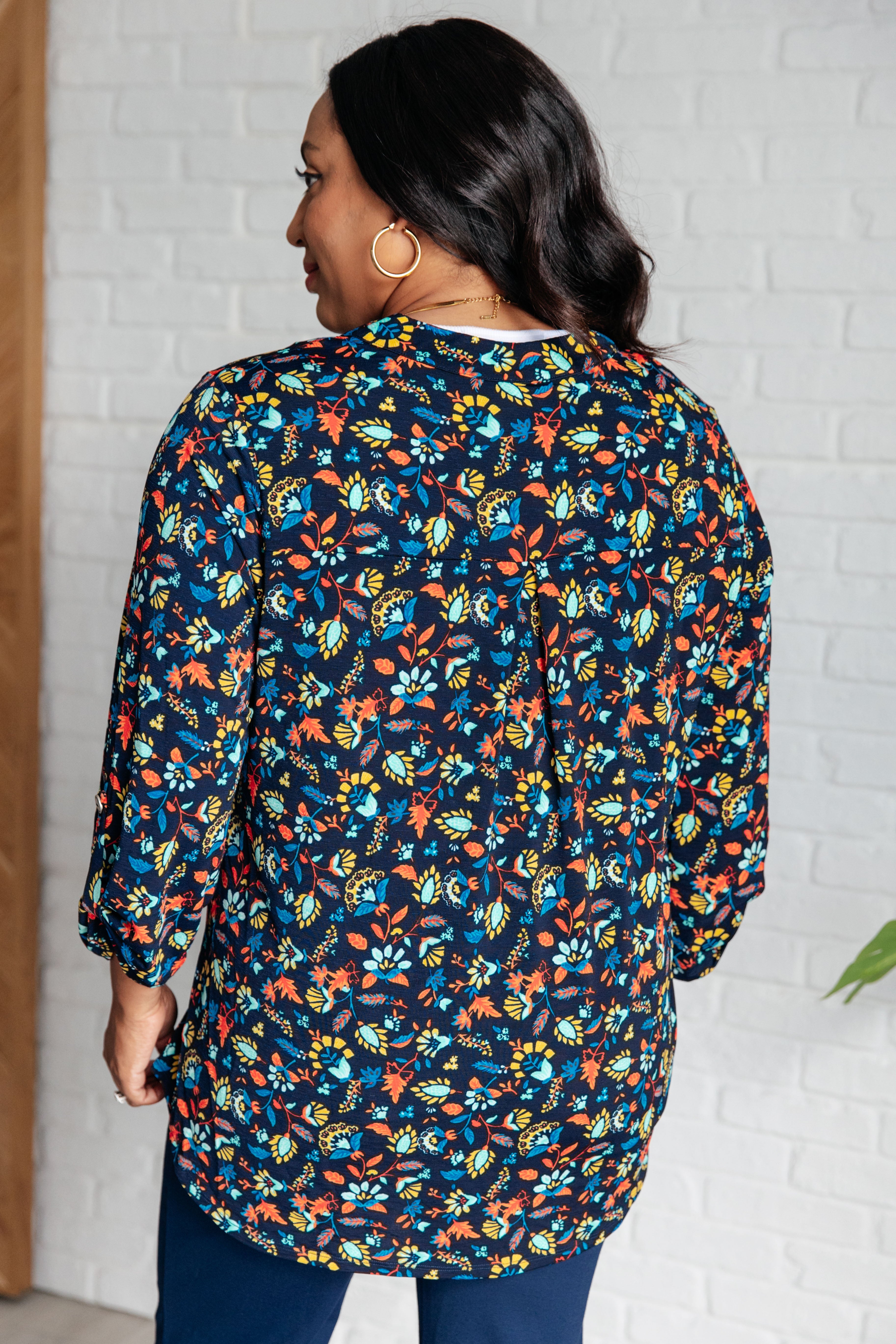 Lizzy Women's Floral Print Top in Navy & Teal - Casual Short Sleeve Blouse for Summer Outfits, Date Night & Office Wear