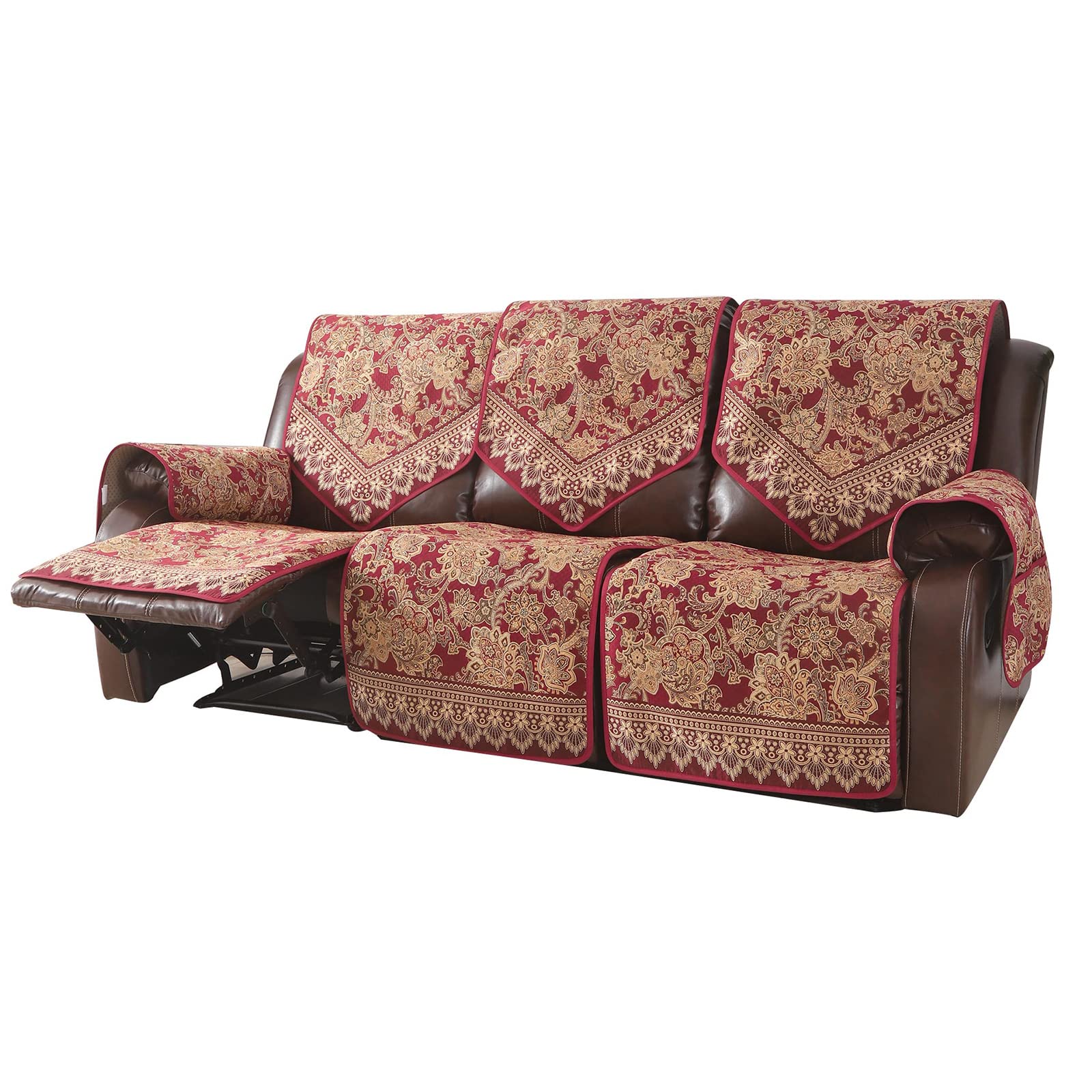 Waterproof Recliner Sofa Covers Non-Slip 3-Seater Jacquard Furniture Protector - Washable Split Design for Living Room, Home Theater & Family Room (Red)