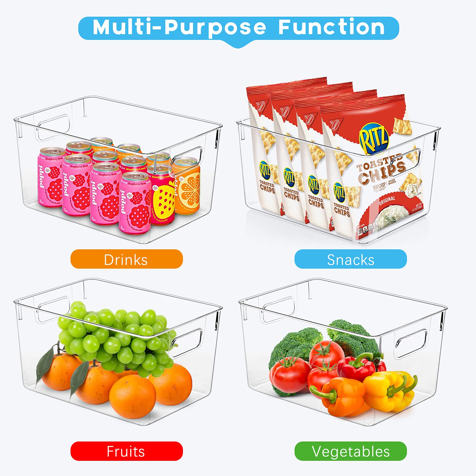 4 Pack Clear Plastic Storage Bins - Kitchen Organizers for Fridge, Pantry & Cabinet | Countertop & Bathroom Organization | Perfect for Food, Spices & Toiletries Storage