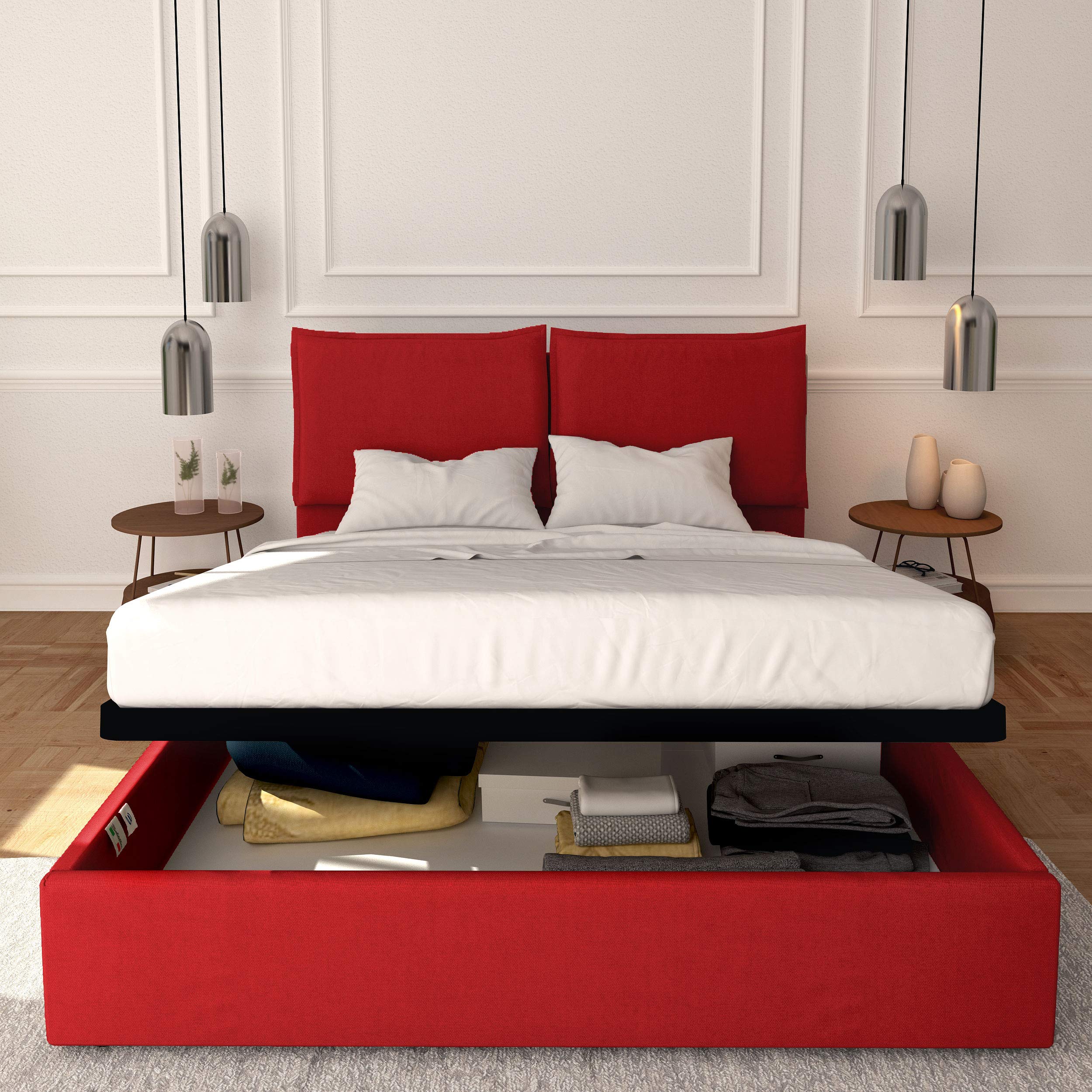 Baldiflex Licia Queen Size Storage Bed with Upholstered Headboard - Synthetic Leather, Slatted Base for 140x190cm Mattress, Red - Perfect for Modern Bedrooms & Guest Rooms