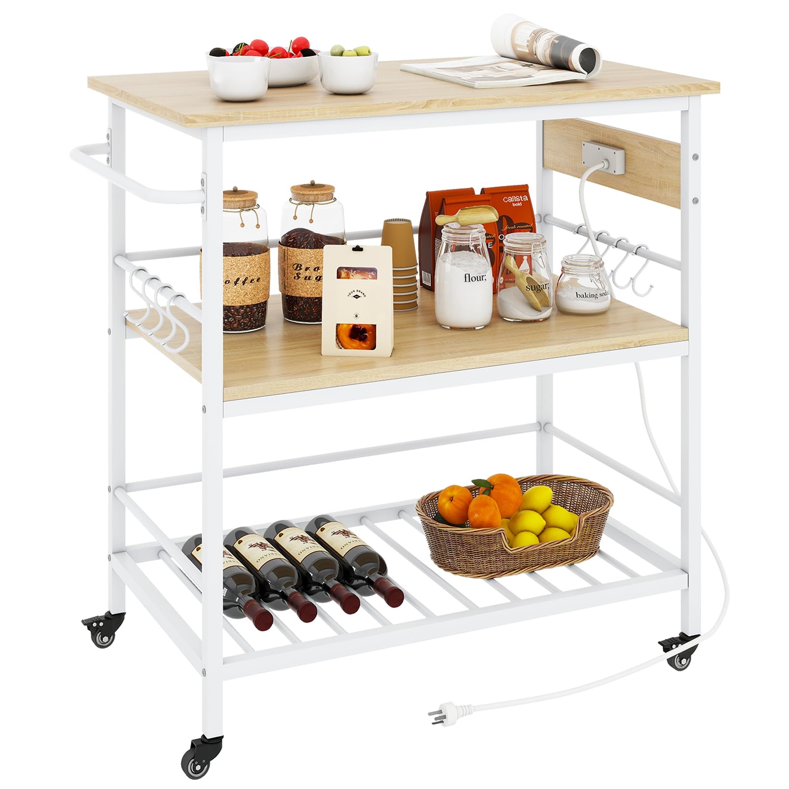 IBUYKE Kitchen Island with 3 Shelves & Power Outlet - Rolling Kitchen Cart with Large Worktop, Mobile Bar Table for Home, Outdoor & Commercial Use - Perfect for Food Prep, Entertaining & Small Space Storage