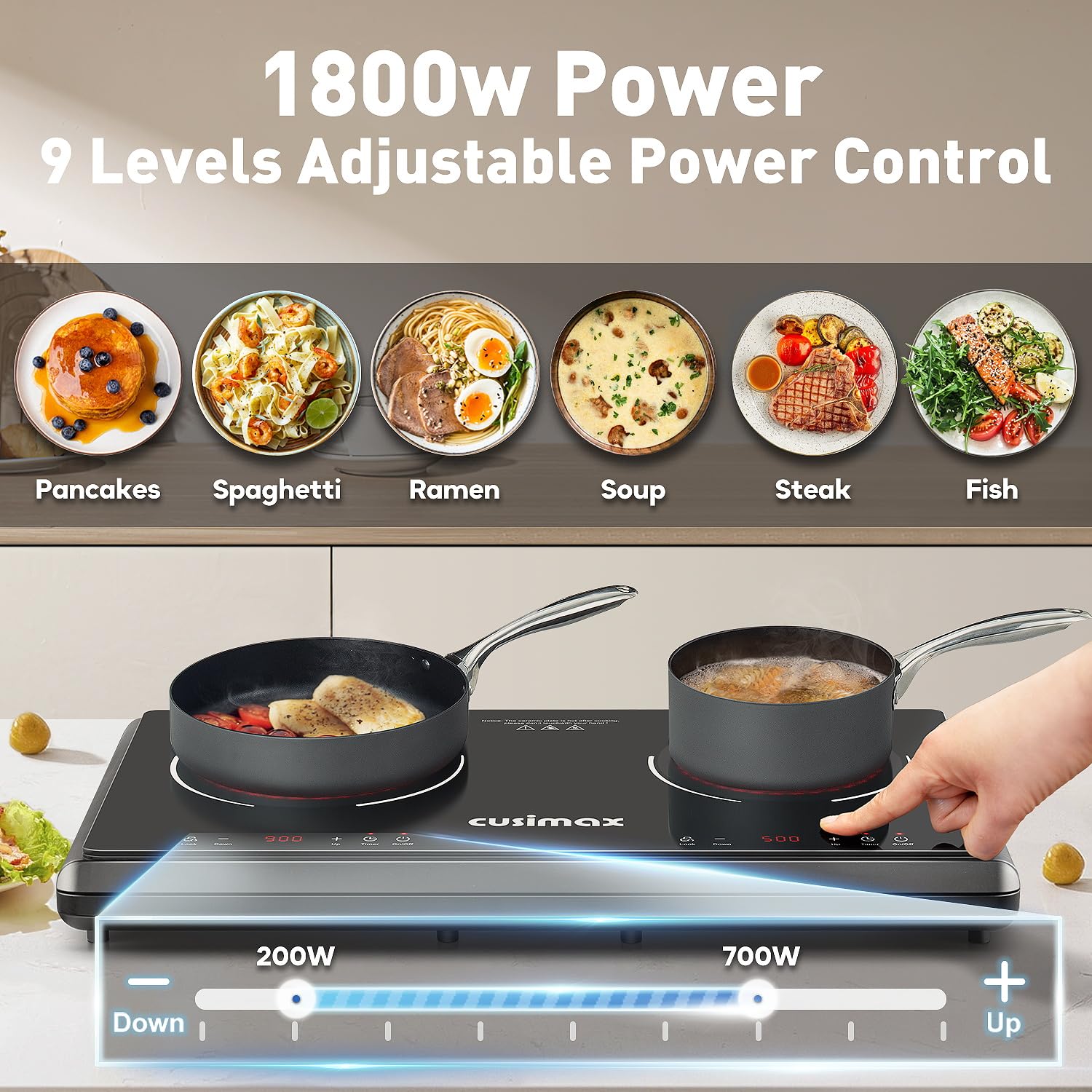 CUSIMAX 1800W Double Infrared Electric Stove - 9 Power Levels, Sensor Touch, Kids Safety Lock & Timer - Ceramic Countertop Hot Plate for Easy Cleaning | Perfect for Kitchen, Dorm, RV & Outdoor Cooking