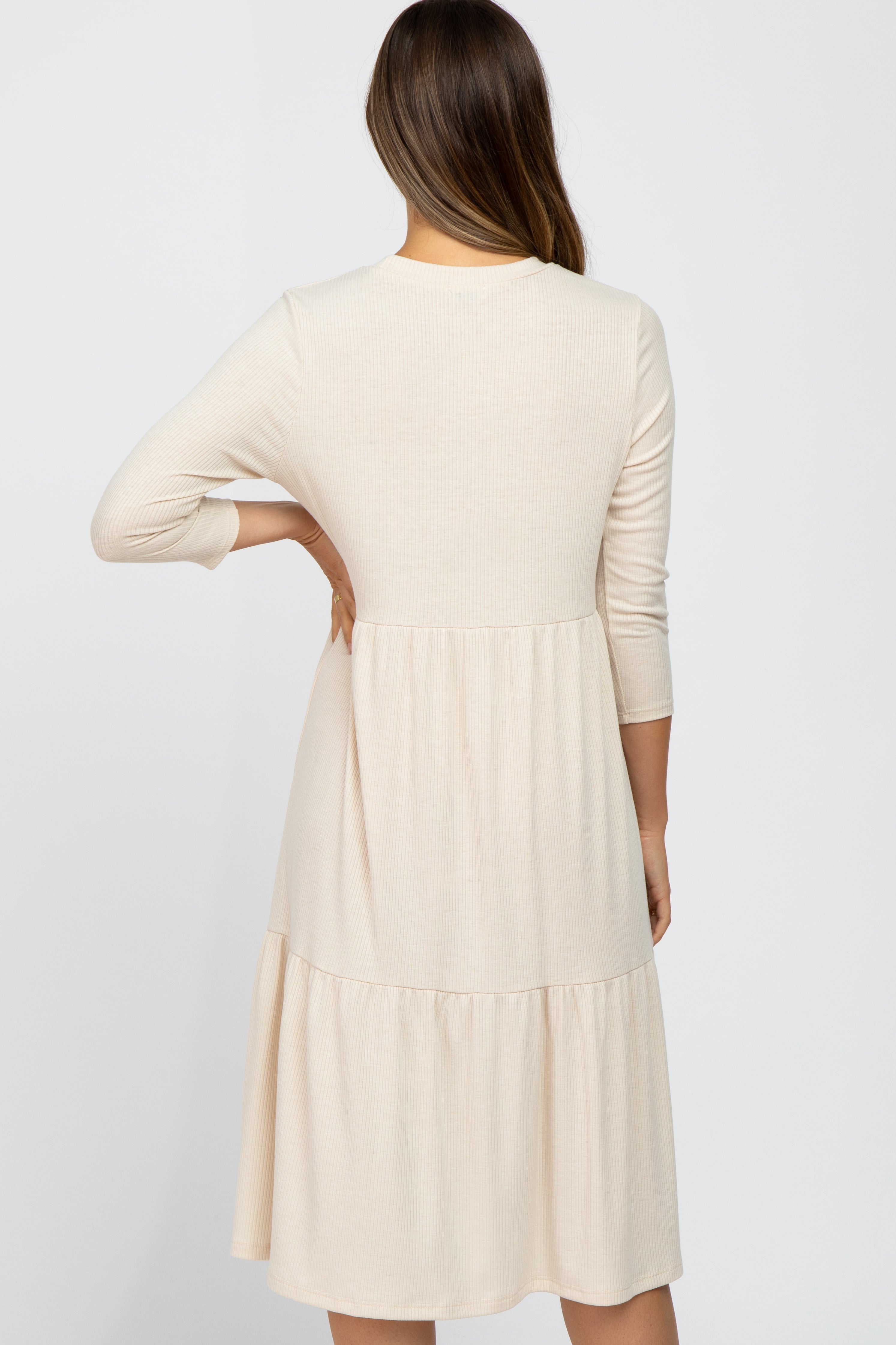 Beige Tiered Ribbed 3/4 Sleeve Maternity Midi Dress for Pregnancy - Comfortable Nursing Dress for Women, Perfect for Baby Shower, Maternity Photo Shoot & Casual Outings