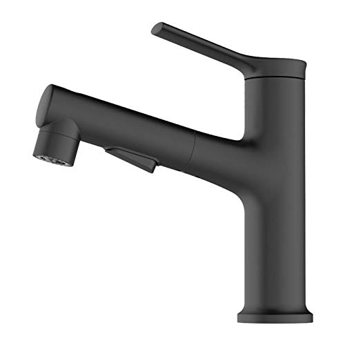 Modern Single Hole Bathroom Faucet with Pull Out Sprayer - 3 Mode Pull Down Sprayer, One Handle Brass Basin Mixer Tap for Vanity Sink - Farmhouse Style in Matte Black - Perfect for Bathroom Renovation & Modern Home Decor