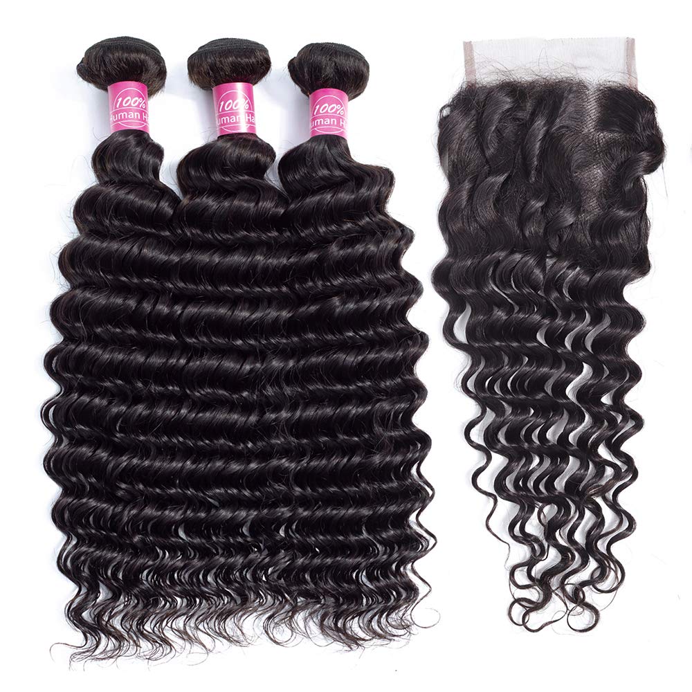 10A Deep Wave Brazilian Human Hair Bundles with 4x4 Lace Closure (26/28/30+20) - 100% Unprocessed Virgin Hair for Natural Look | Perfect for Protective Styles, Weaves & Everyday Glam