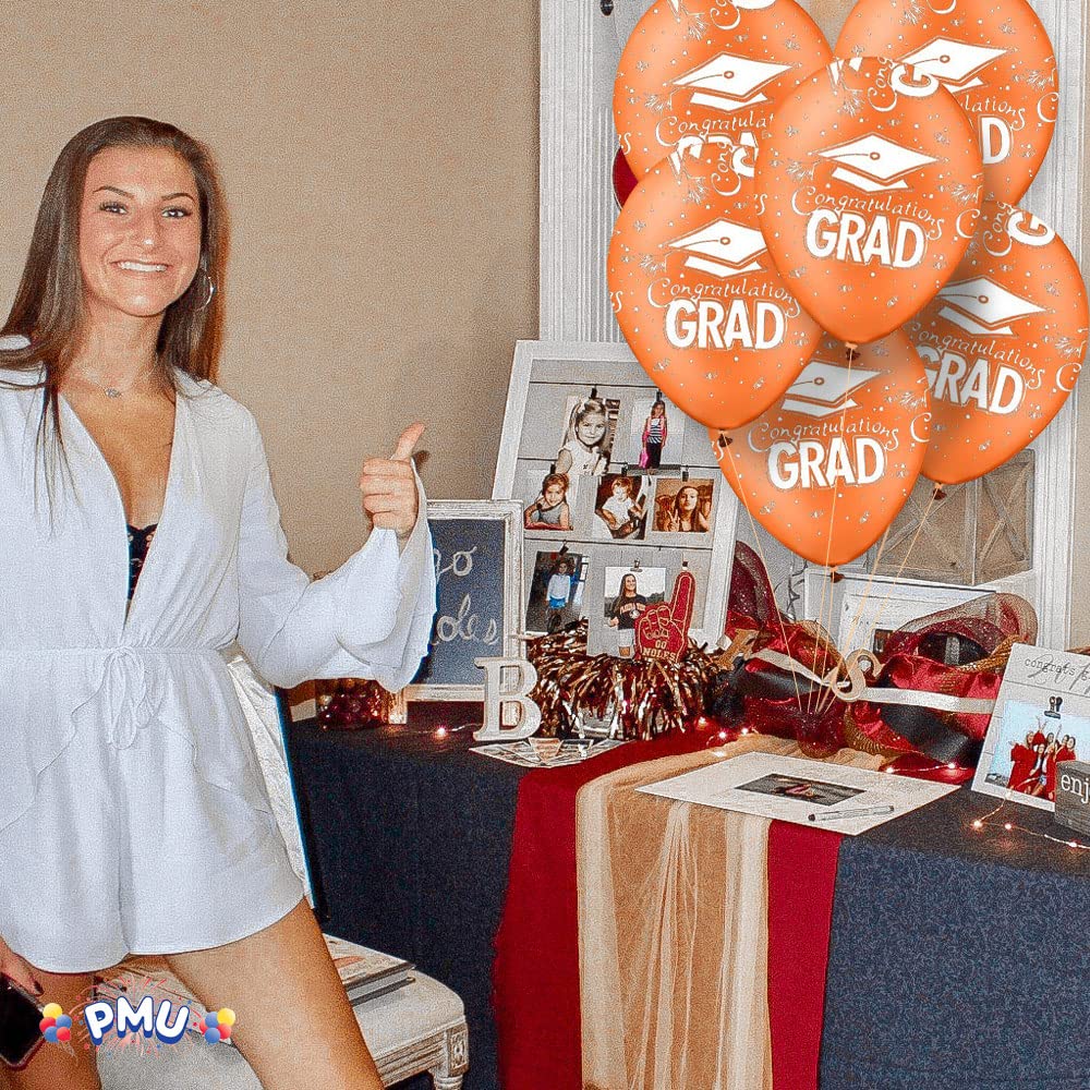25 Pack Orange Graduation Balloons Class of 2025 with Printed White Grad Caps, Confetti & Streamers - Latex Party Decorations for Graduation Ceremony, College Celebration & Grad Party Decor